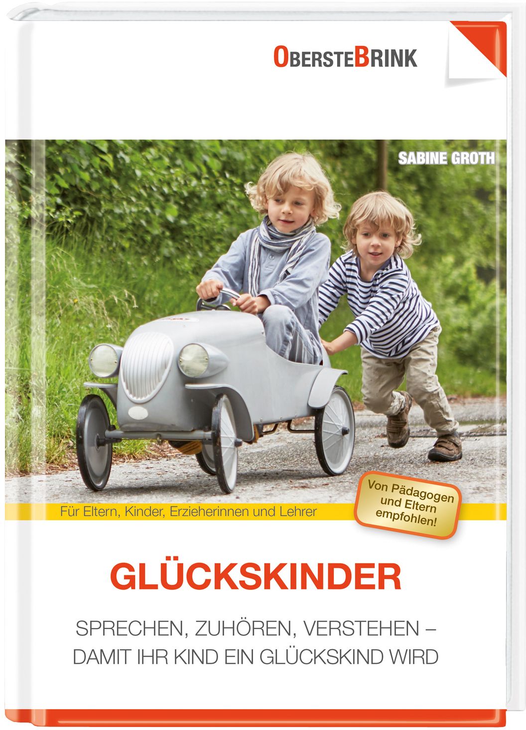 Buchcover mit zwei Kindern und Spielzeugauto. Titel: GLÜCKSKINDER. Empfohlen von Pädagogen und Eltern. Autor: Sabine Groth.