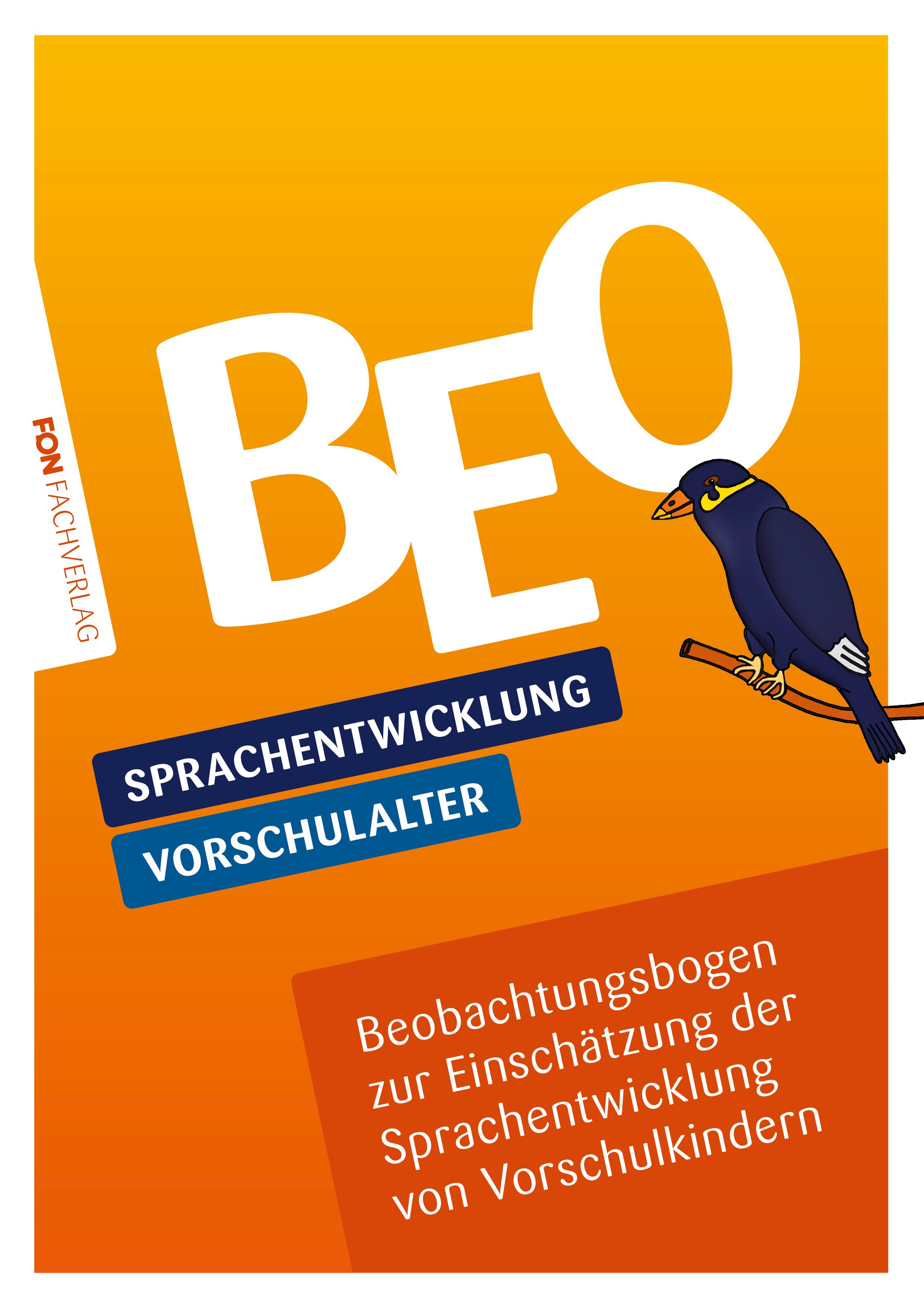Buchcover mit Schriftzug BEO, darunter Sprach- und Vorschulentwicklung. Illustration eines Vogels auf Ast. FON Fachverlag.