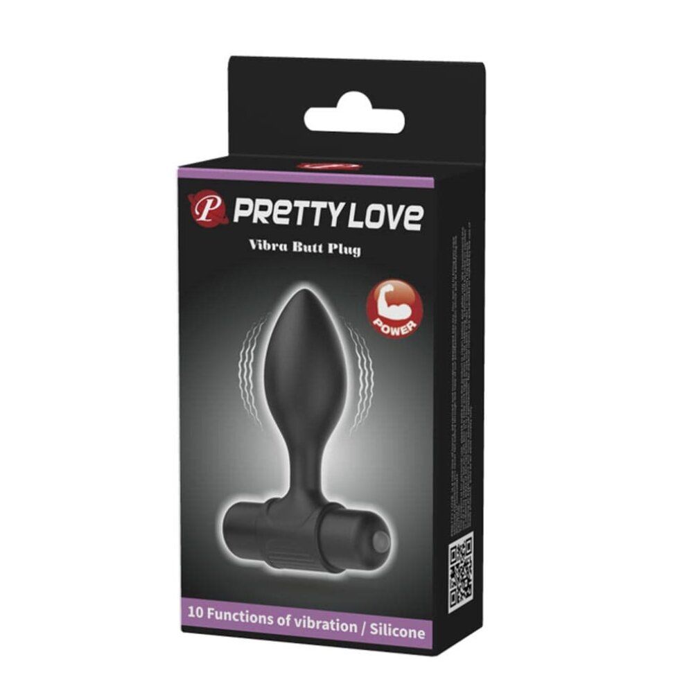 Verpackung eines schwarzen Vibrations-Analplugs. Auf der Verpackung steht "PRETTY LOVE" und "Vibra Butt Plug".