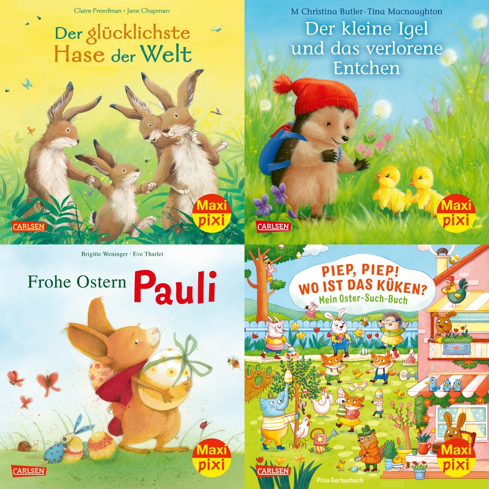 Vier Kinderbücher. Titel: Der glücklichste Hase der Welt, Der kleine Igel und das verlorene Entchen, Frohe Ostern Pauli, Piep, Piep! Wo ist das Küken? Mit Maxi pixi Logo.