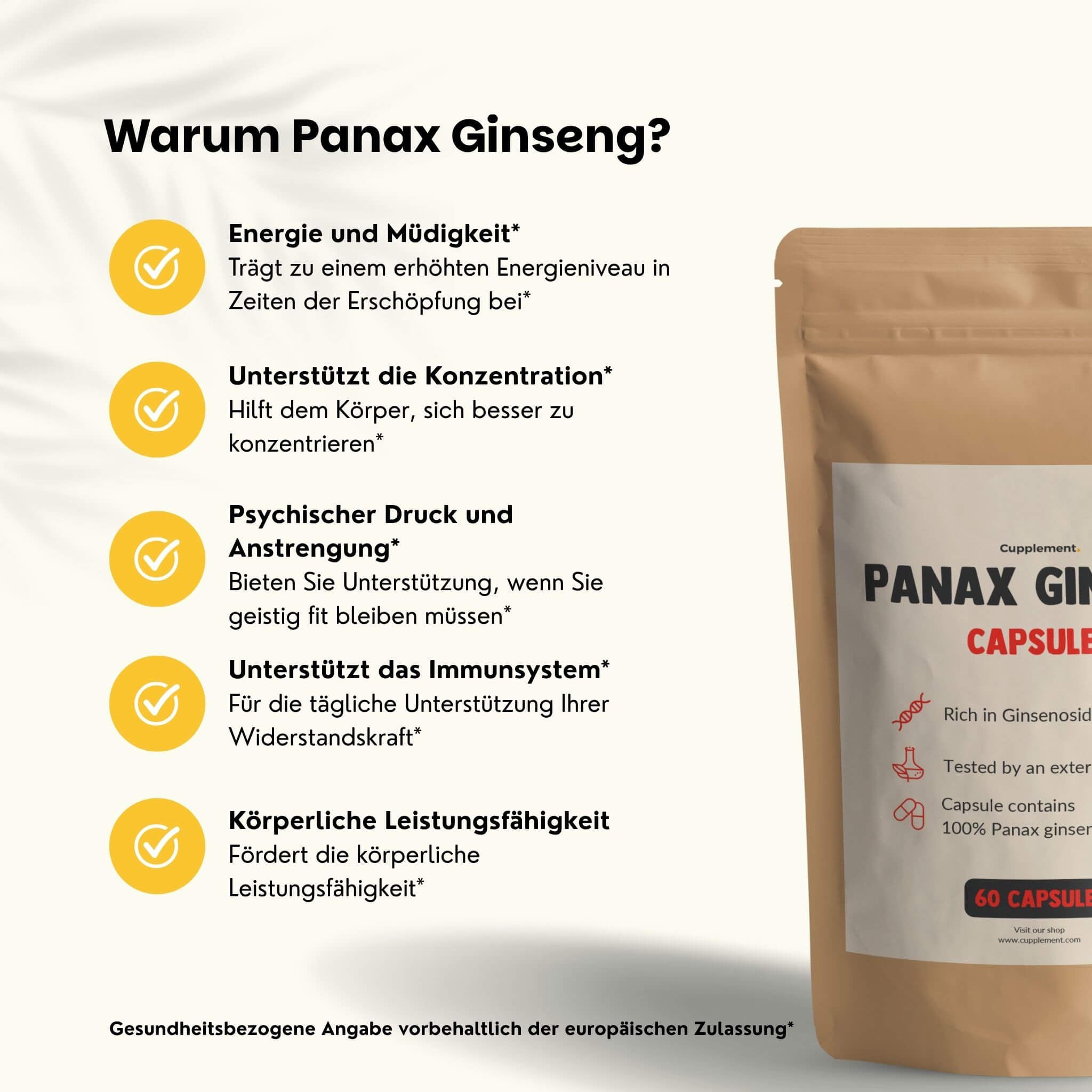 Beutel mit Kapseln. Text: Panax Ginseng Capsules. Vorteile: Energie, Konzentration, mentaler Druck, Immunsystem, Leistung.