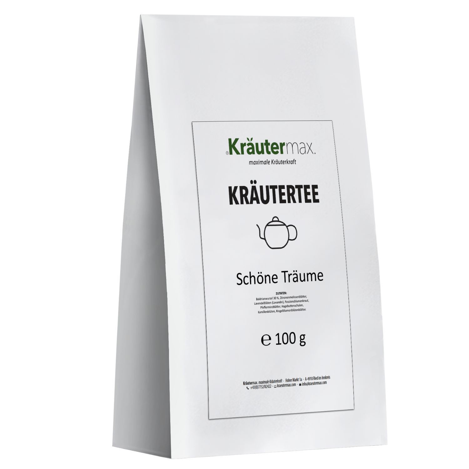 Weiße Kräutermax-Verpackung mit der Aufschrift Kräutertee Schöne Träume. Enthält 100 g Tee.