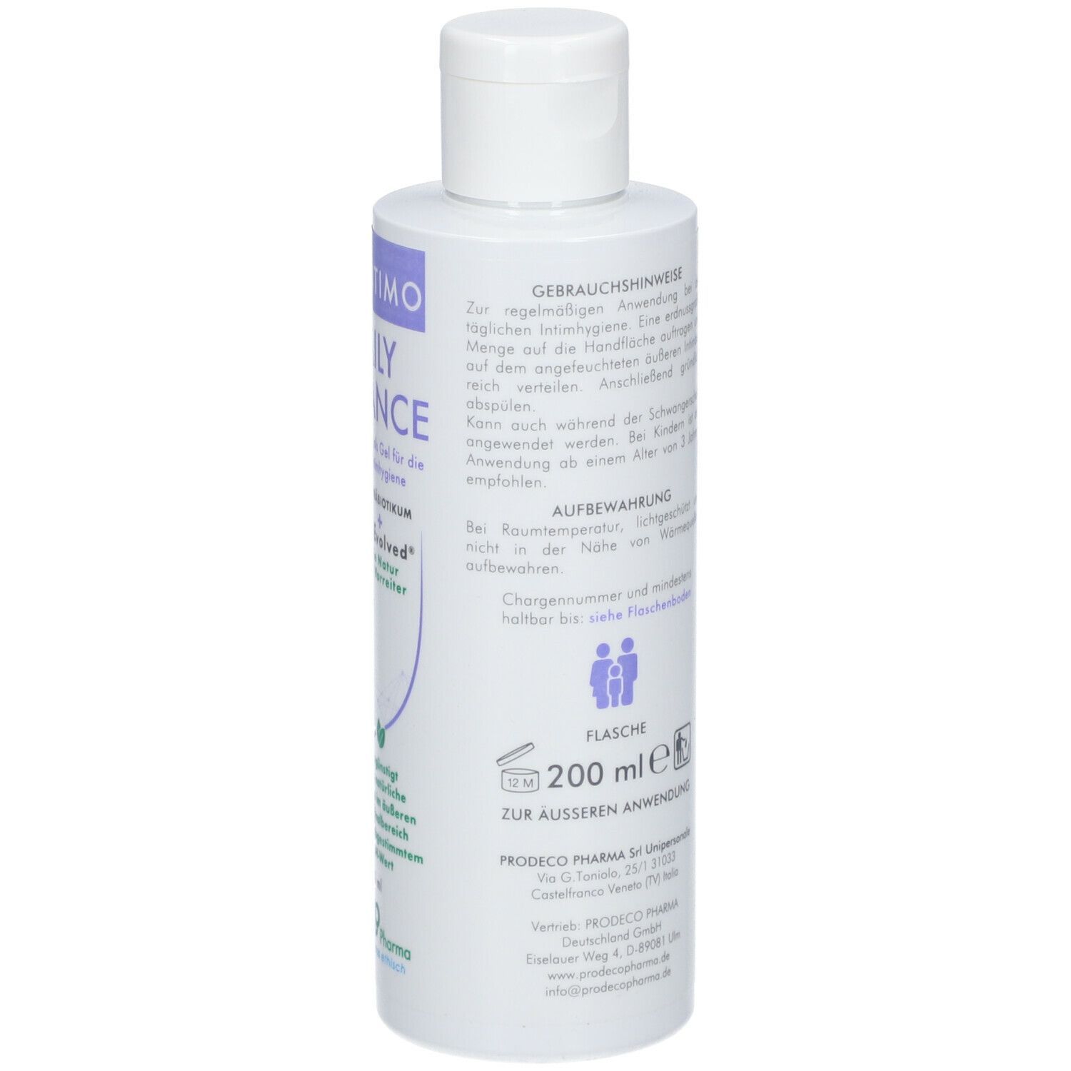 Weiße Flasche mit Produktinformationen. Text: GSE INTIMO DAILY BALANCE. 200 ml. Zur äußeren Anwendung.
