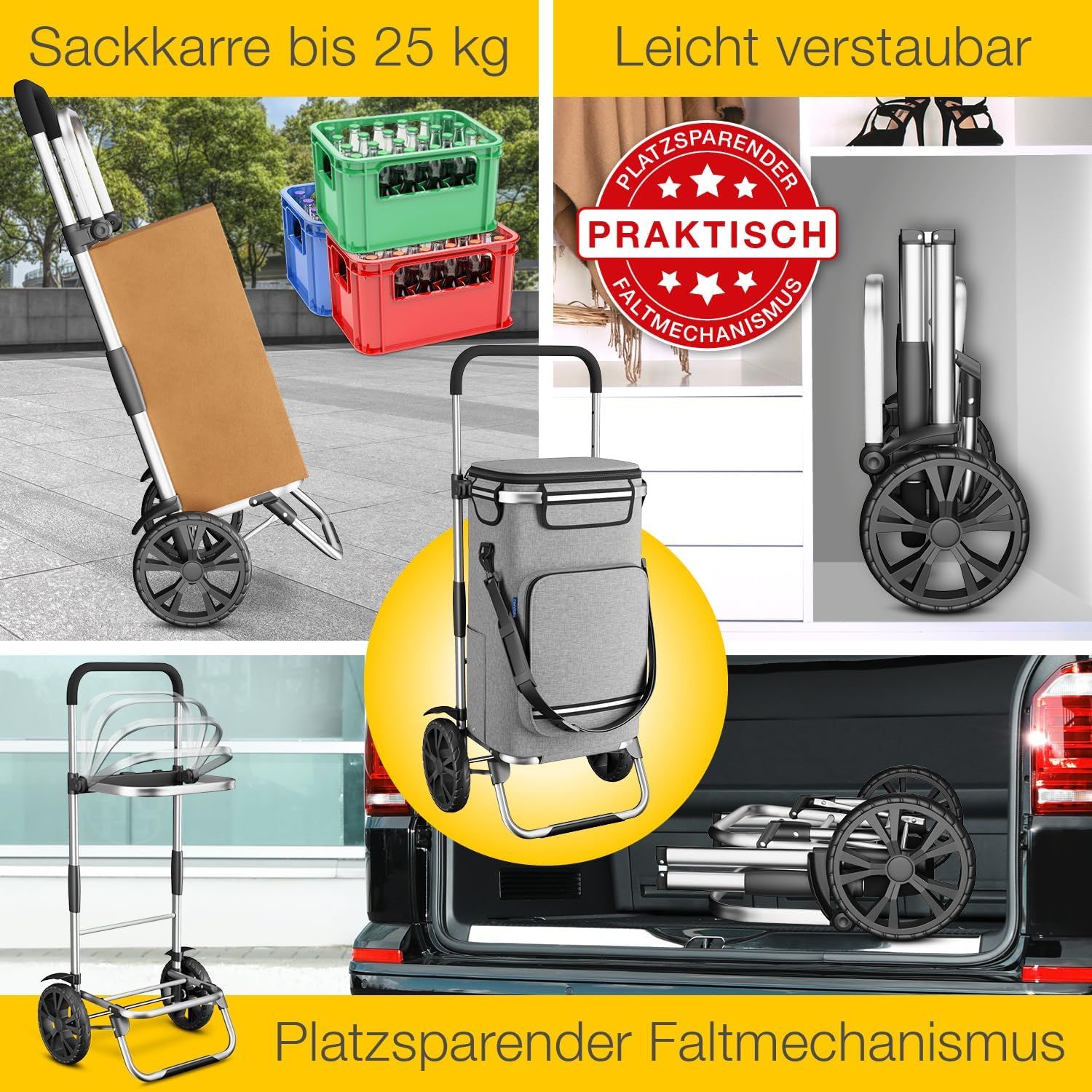 ELONEO Einkaufstrolley faltbar und extrem leicht – nur 2,3 kg, 43 l, separate Kühltasche & Spanngurt