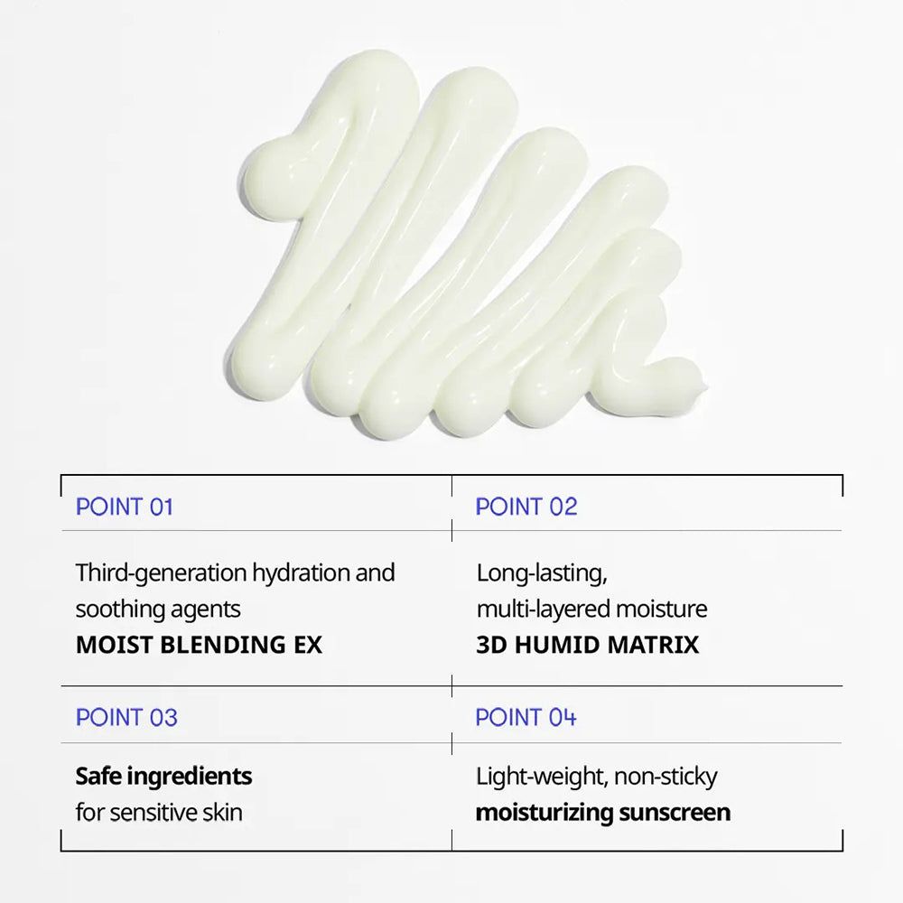 Weiße Creme in vier Strängen auf weißem Hintergrund. Darunter vier Punkte mit Produktmerkmalen: Feuchtigkeit, 3D-Feuchtigkeitsmatrix, sichere Inhaltsstoffe, leichte Sonnencreme.