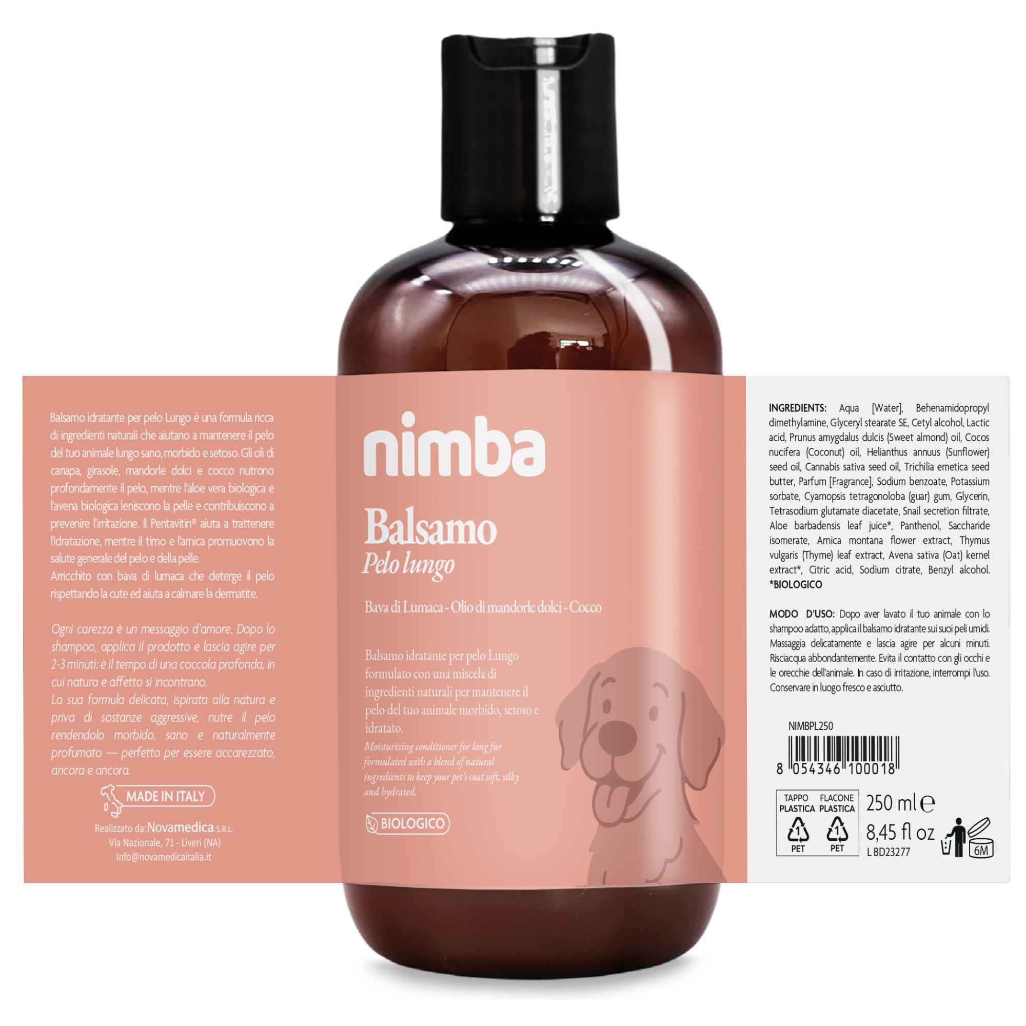 Produktflasche mit Etikett. Text und Inhaltsstoffe. Aufschrift: Nimba Balsamo Pelo lungo. 250 ml.