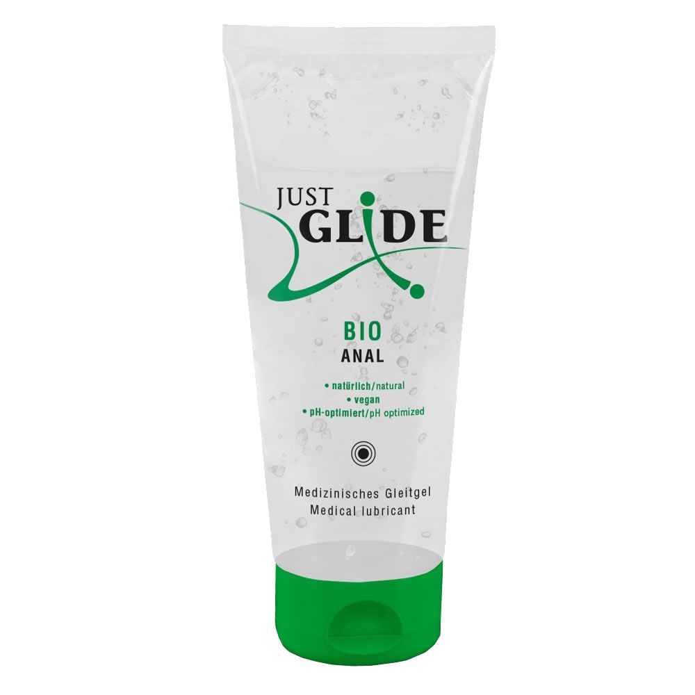 Tube mit medizinischem Gleitgel. Produktname: JUST GLIDE BIO ANAL. Text: natürlich/natural, vegan, pH-optimiert.