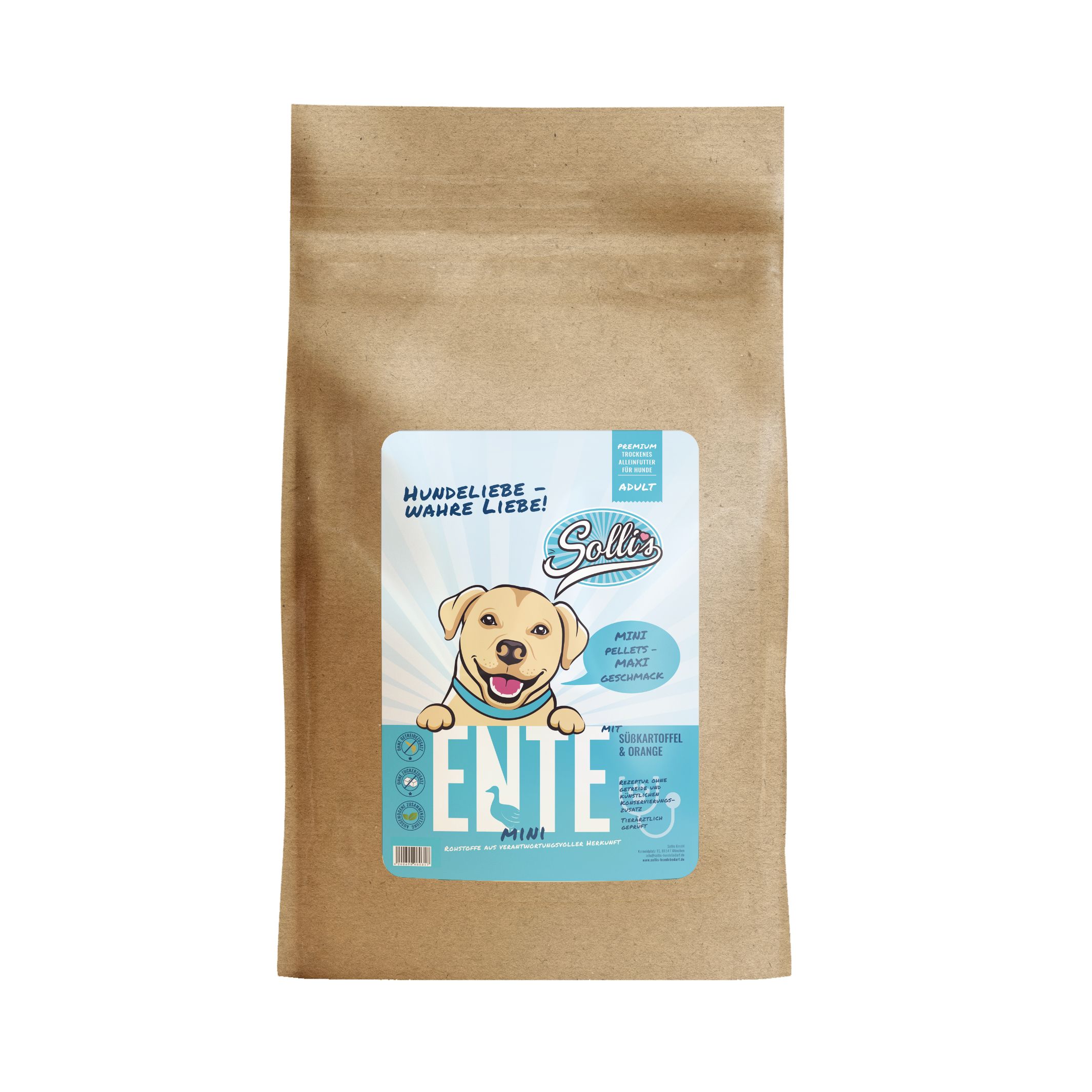 Braune Papiertüte mit Produktetikett. Etikett mit Logo, Produktname, Abbildung eines Hundes. Text in Deutsch.