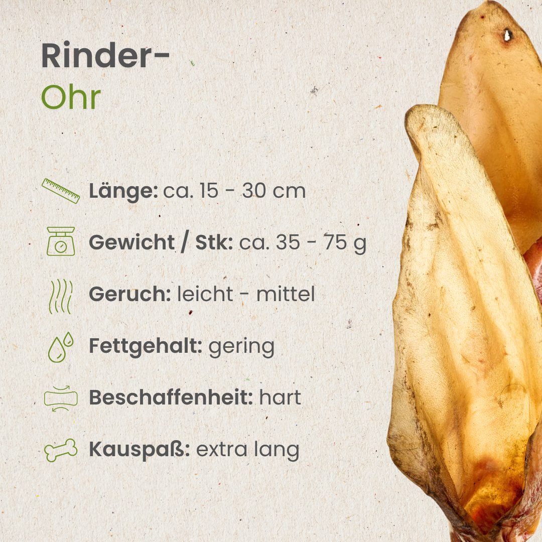 Getrocknete Rinderohren, Länge ca. 15-30 cm, Gewicht 35-75g.