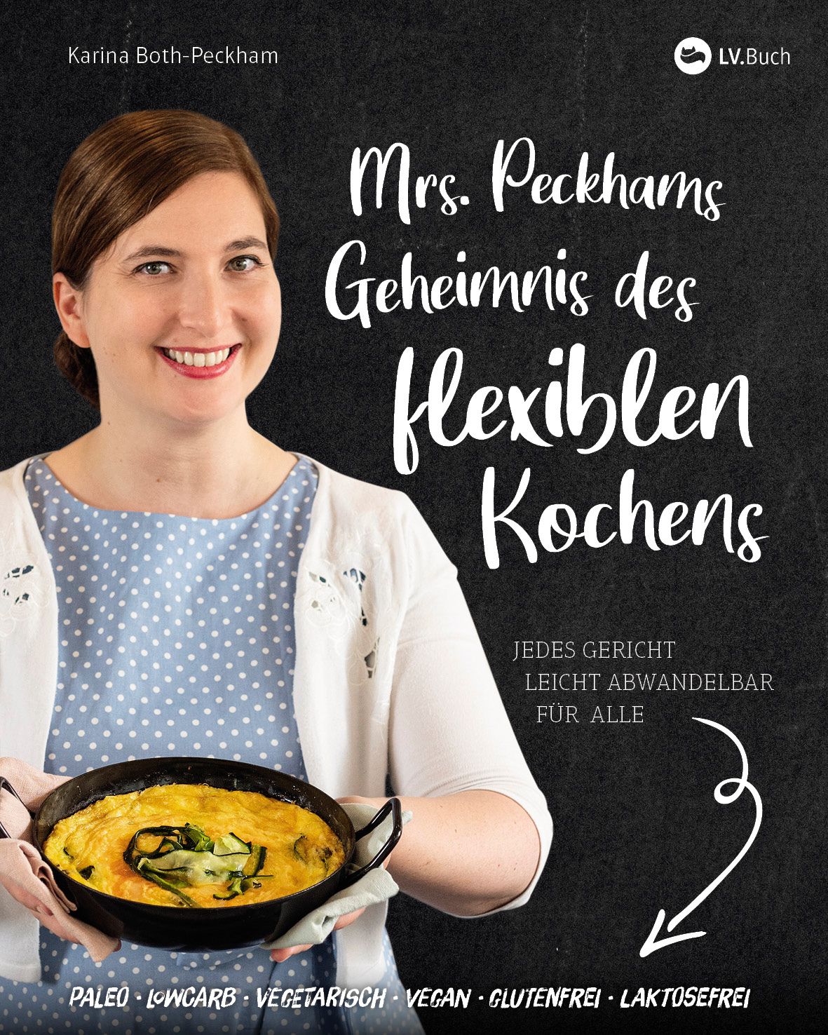 Buchcover mit Frau, die Gericht hält. Titel: Mrs. Peckhams Geheimnis des flexiblen Kochens. Paleo, Lowcarb, vegetarisch, vegan, glutenfrei, laktosefrei.