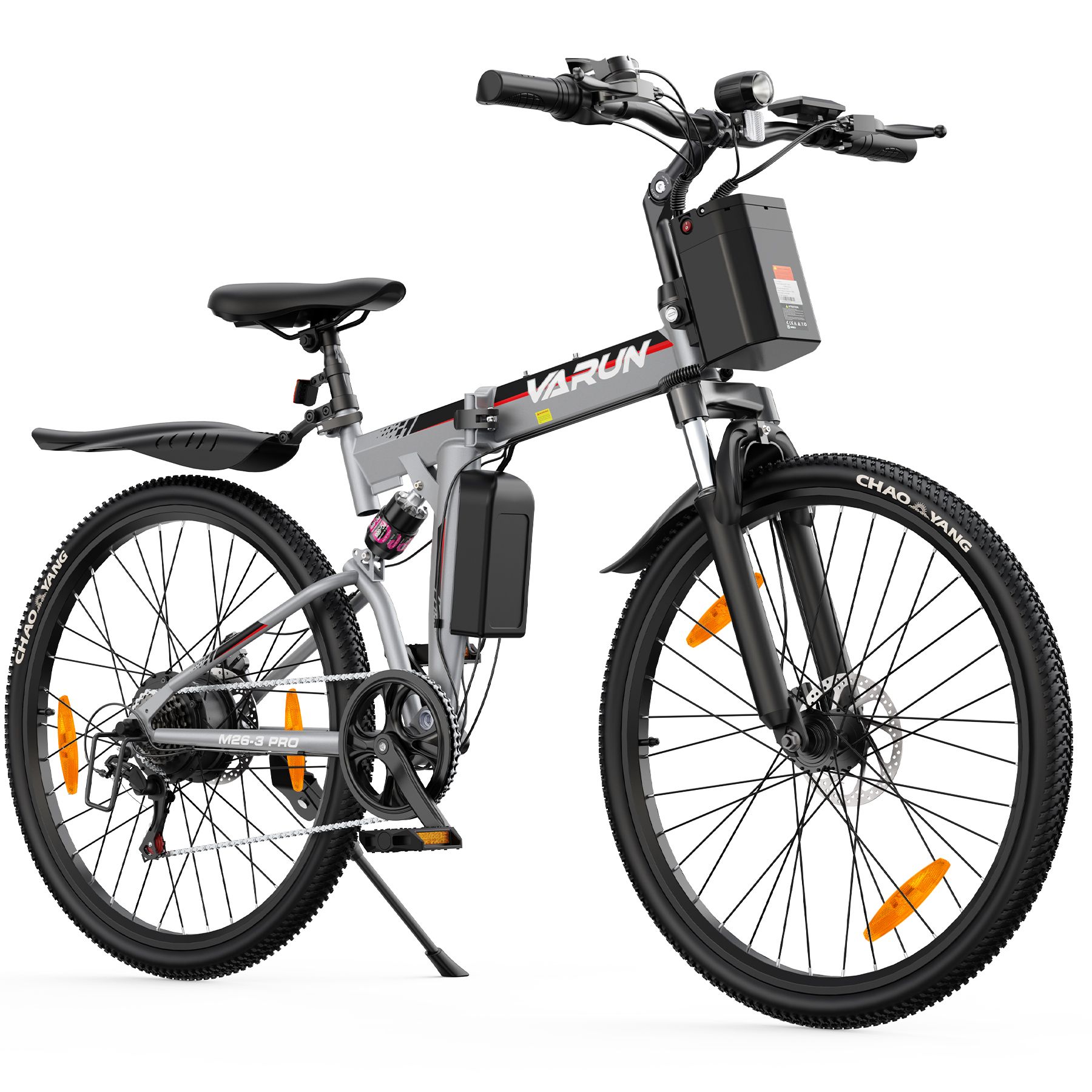 Faltbares E-Bike, silberfarben, mit schwarzem Rahmen und Reifen. Zubehör: Rücklicht, Pumpe, Handyhalterung.