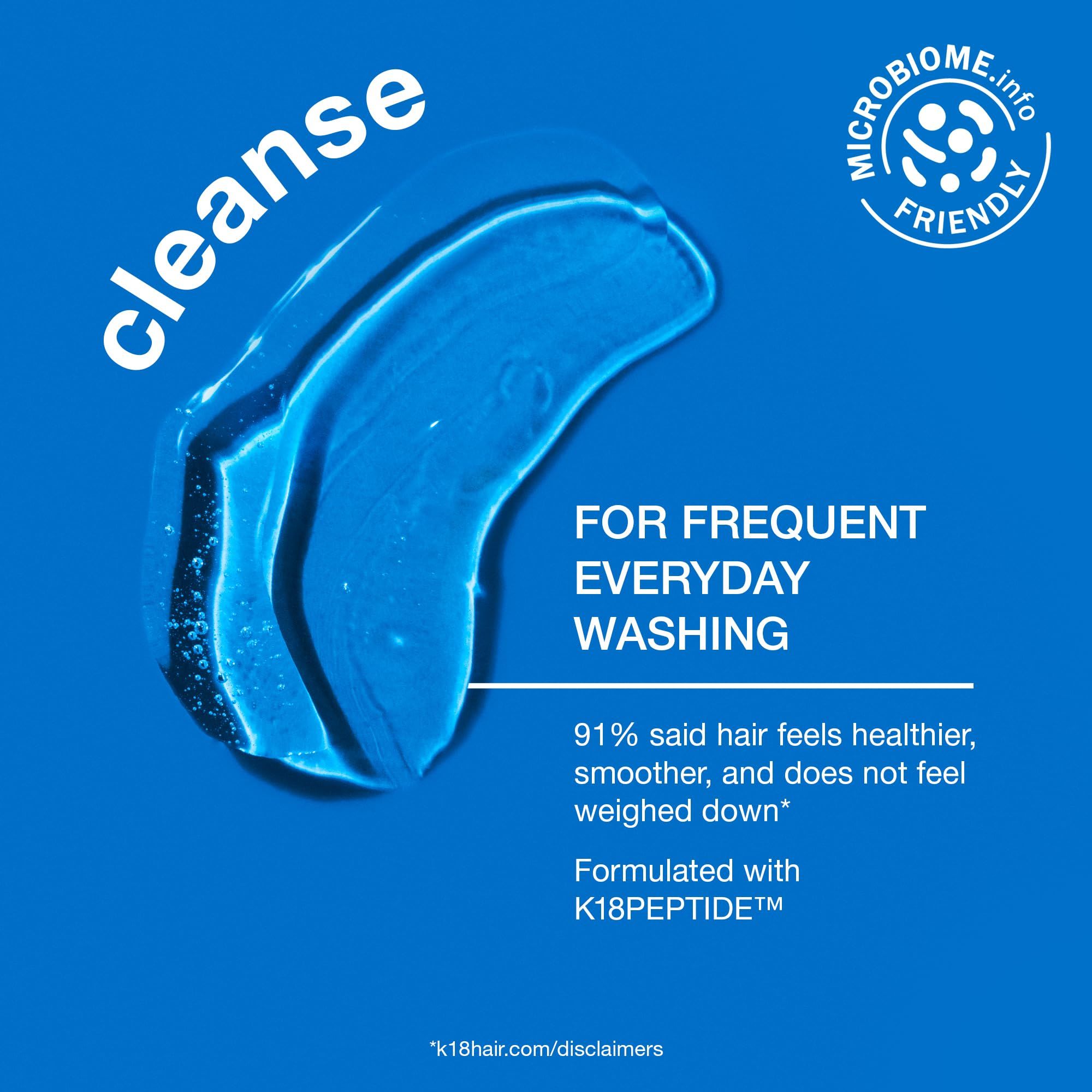K18 Damage Shield Shampoo: blaue Gel-Textur mit Text "cleanse" und "FOR FREQUENT EVERYDAY WASHING".