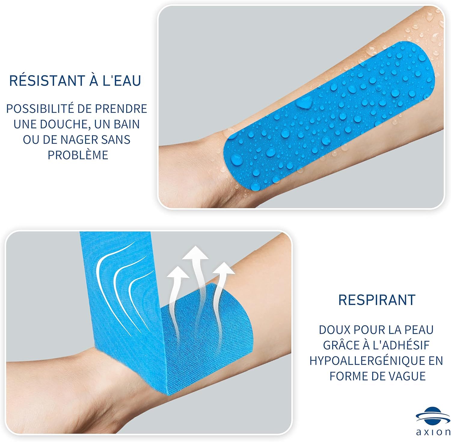 Femme et homme dans une salle de sport avec du kinésiologie tape bleu. Femme sur tapis roulant, homme faisant des exercices. Texte : Confort.