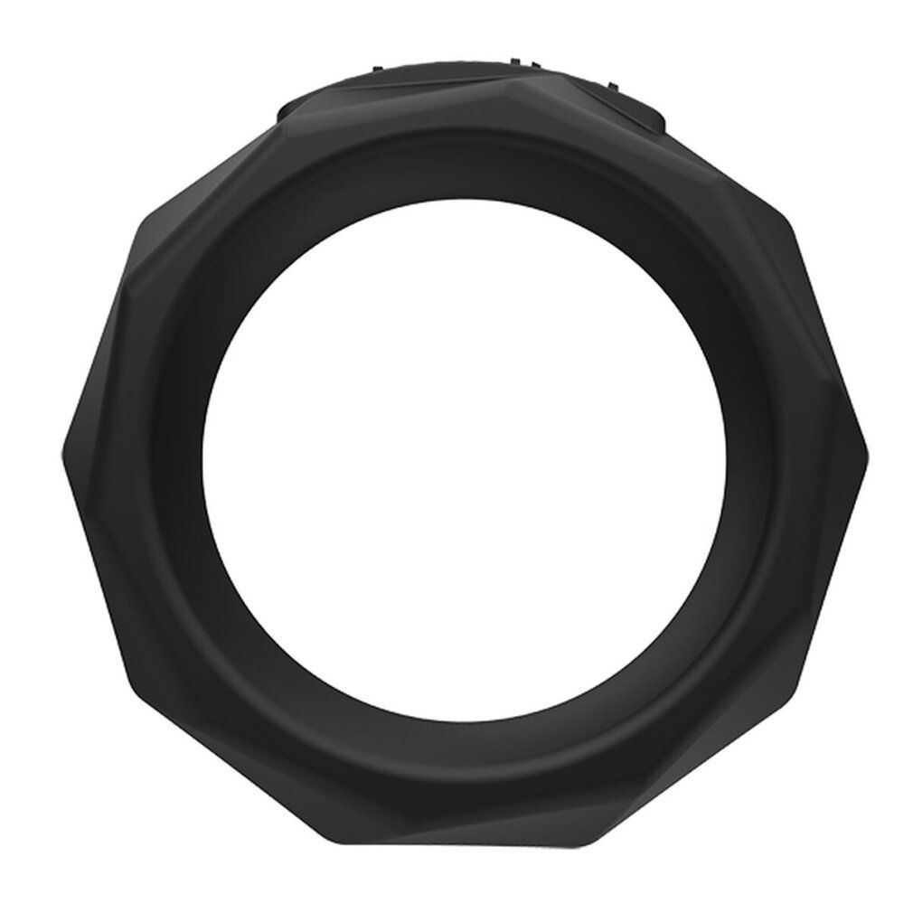 Schwarzer Ring mit achteckiger Form. Oberseite mit kleinen Erhebungen. Innen rund.