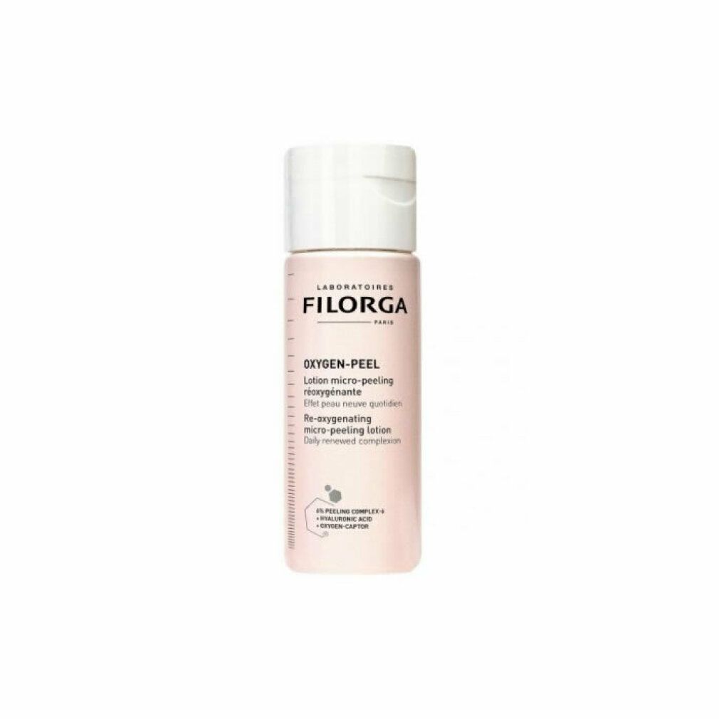 Rosa Flasche mit weißem Deckel. Aufschrift FILORGA und OXYGEN-PEEL. Lotion für tägliche Anwendung.
