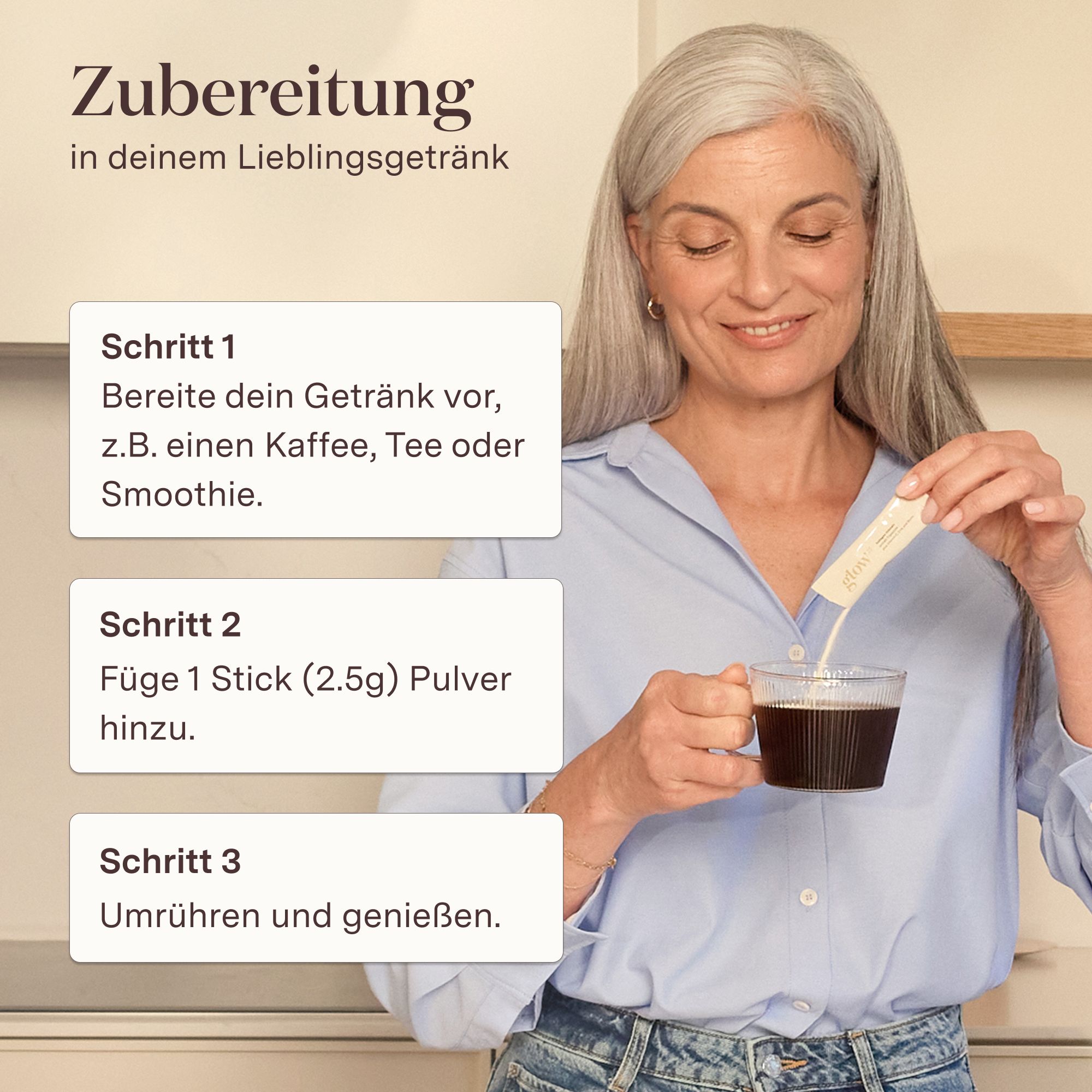 Frau bereitet Getränk mit einem Stick zu. Schritte: Kaffee, Stick hinzufügen, umrühren.