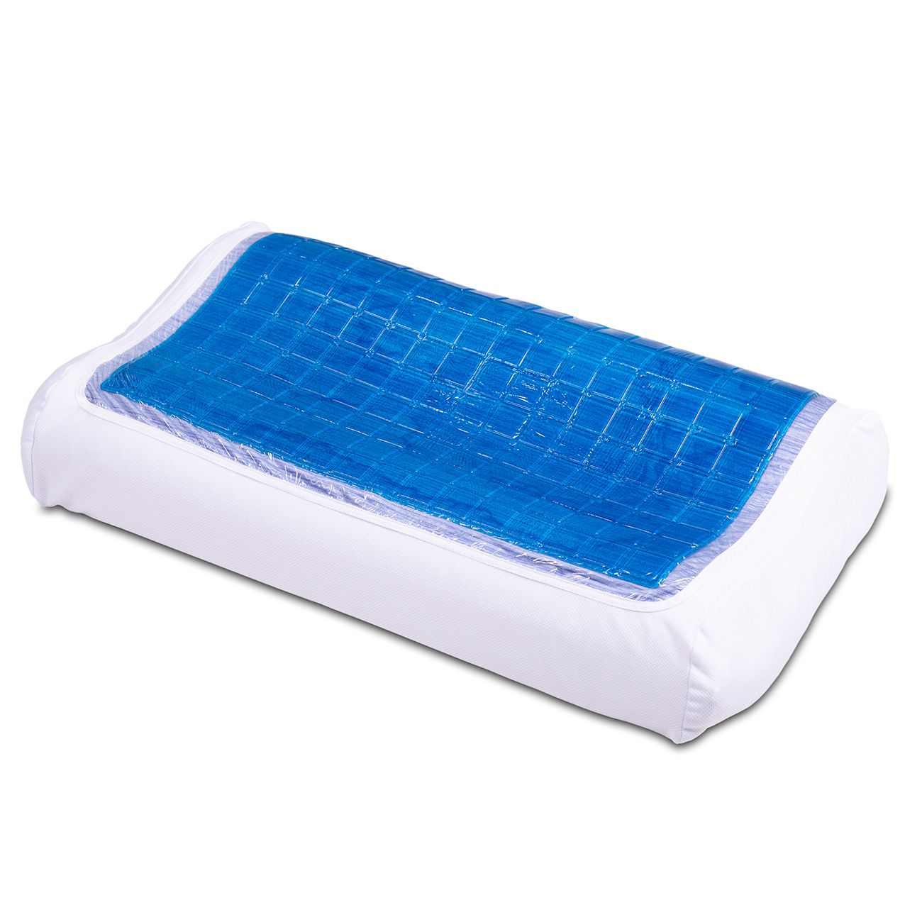 Kissenbezug mit blauem Gel-Pad. Rechteckige Form, weißes Kissen, blaues Gel-Pad oben.