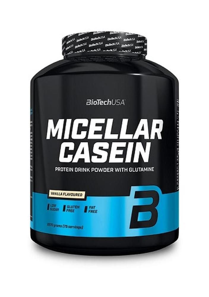 Schwarze Dose mit BiotechUSA Micellar Casein. Text: Protein Drink Powder, Vanille-Geschmack, glutenfrei, zuckerarm, fettfrei.