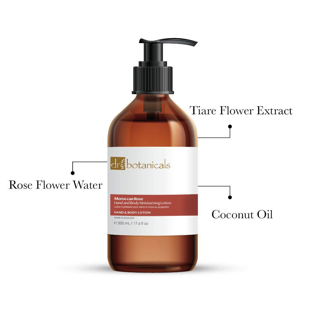 Braune Flasche mit schwarzem Pumpverschluss. Etikett mit Produktinformationen. Text: Moroccan Rose Hand & Body Moisturising Lotion.