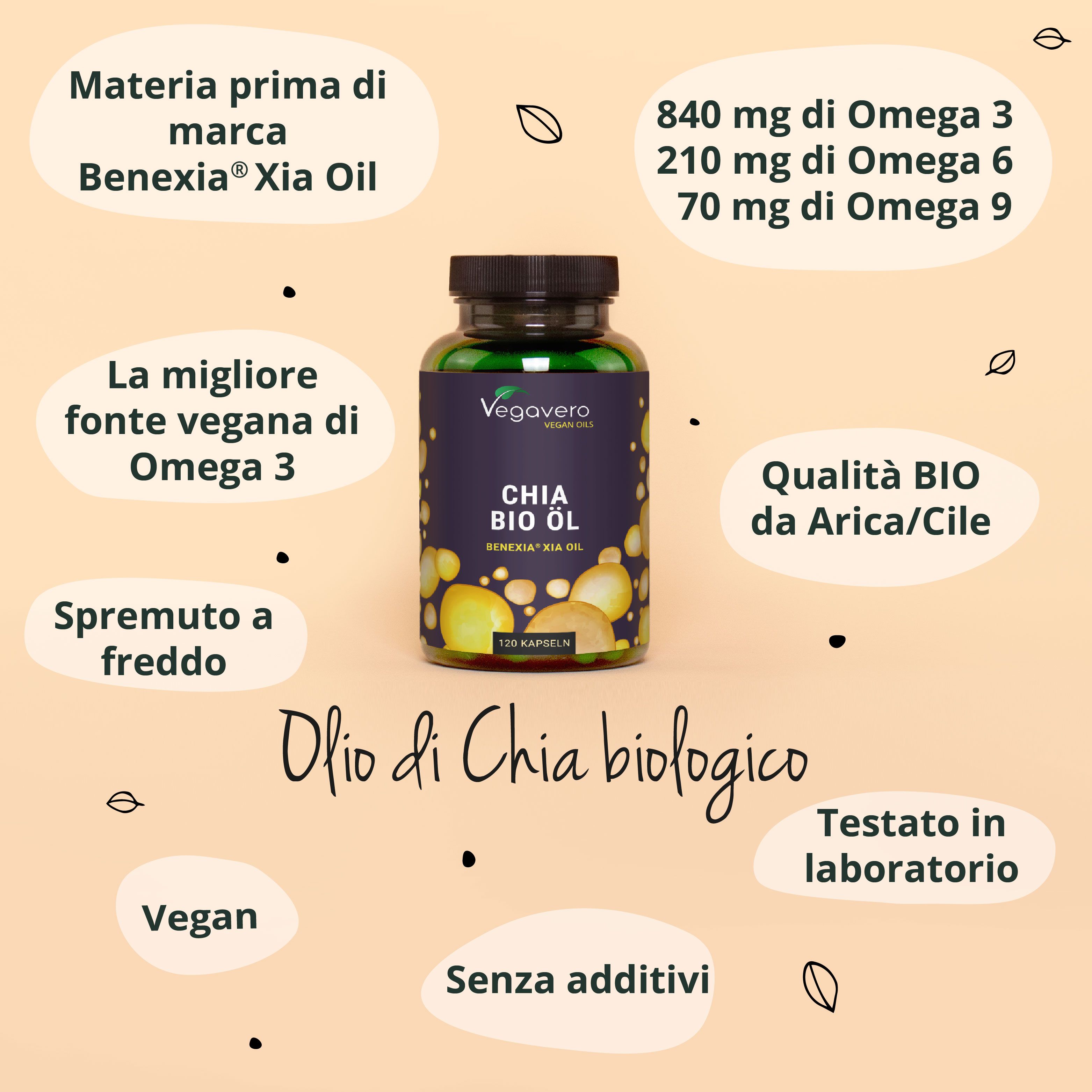 Immagine del prodotto con informazioni. Chia Bio Öl. Informazioni su omega-3, 6, 9. Vegano, spremuto a freddo.