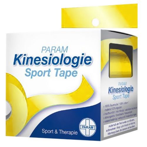 Verpackung von PARAM Kinesiologie Sport Tape. Gelbes Tape in einer Schachtel. Aufschrift: Kinesiologie Sport Tape, Sport & Therapie.