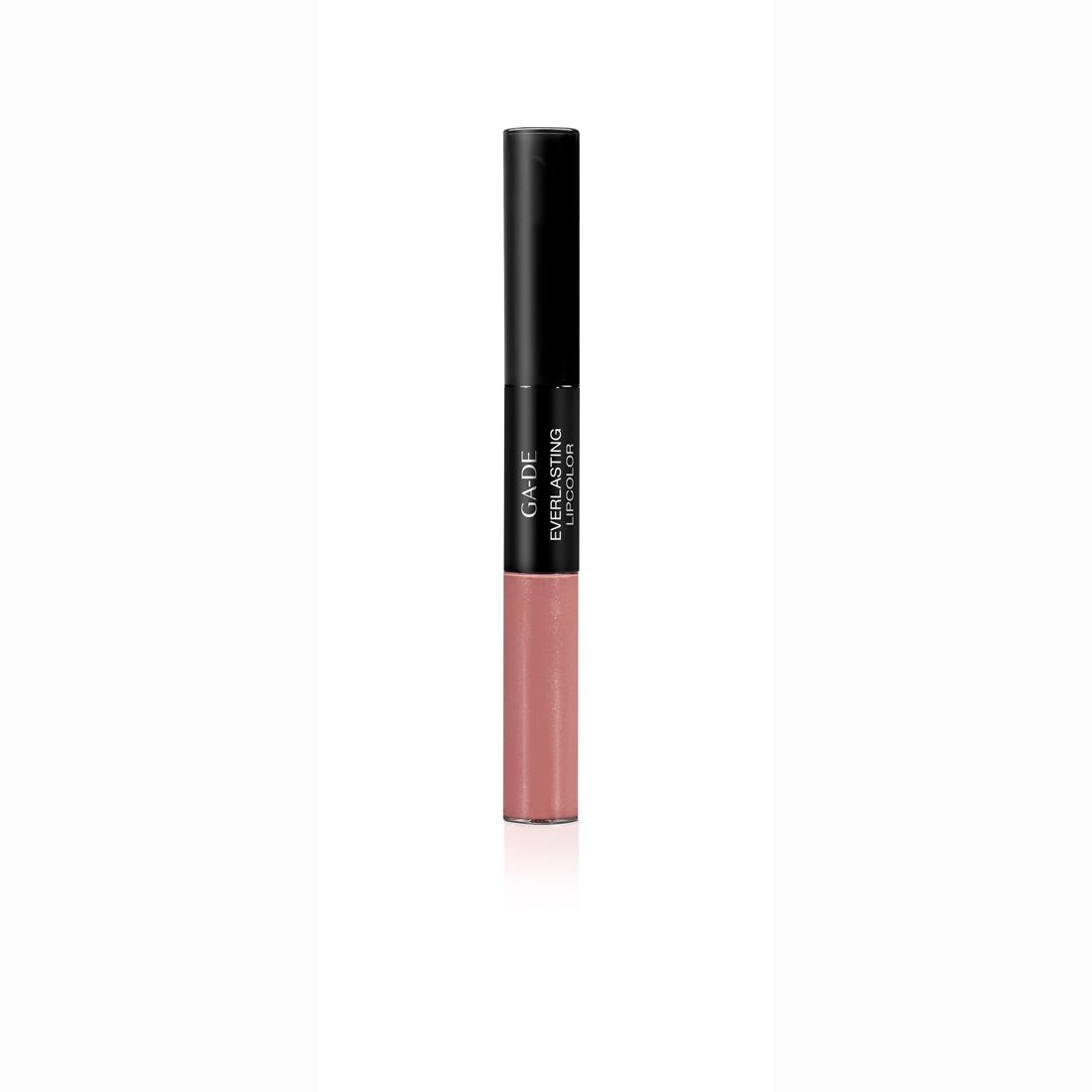 Doppel-Lippenstift mit schwarzem Deckel. Auf dem Stift steht "GA-DE Everlasting Lipcolor". Der untere Teil ist rosa.