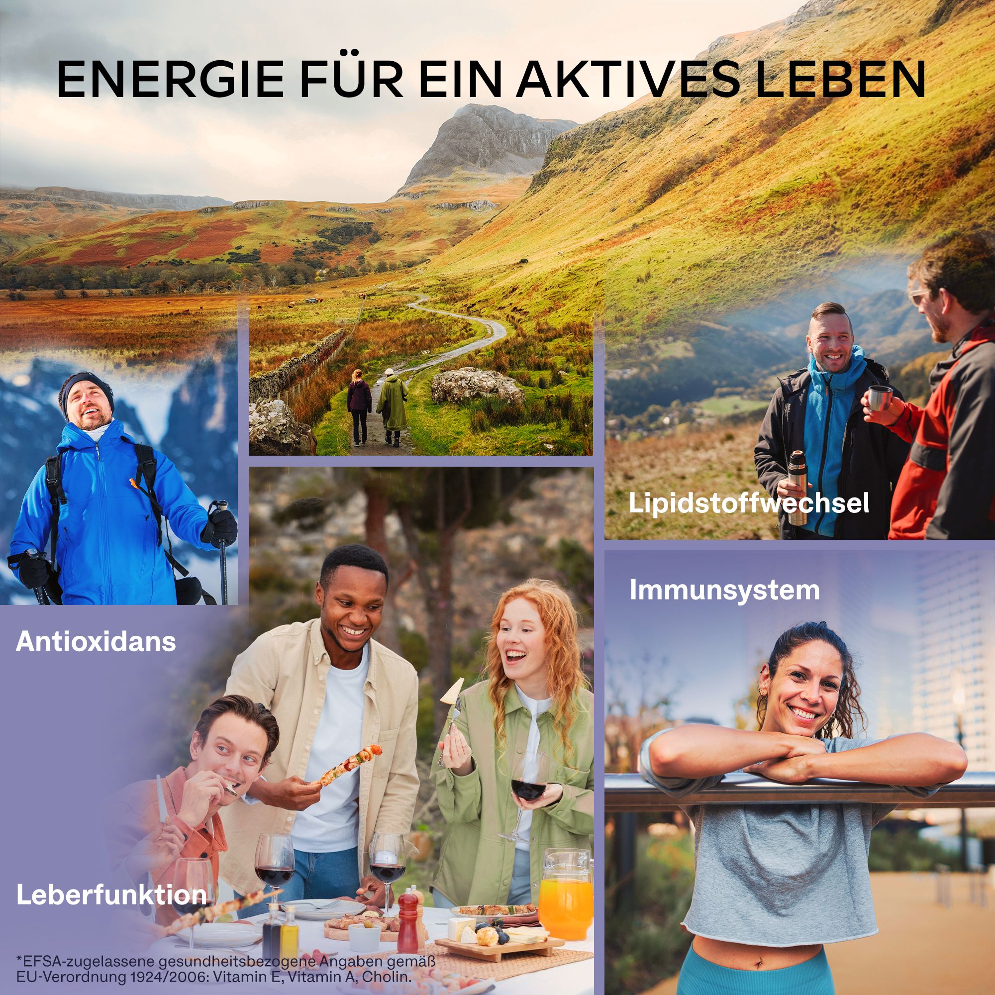 Collage mit Menschen, die Aktivitäten nachgehen, und Text über Energie und Leberfunktion.
