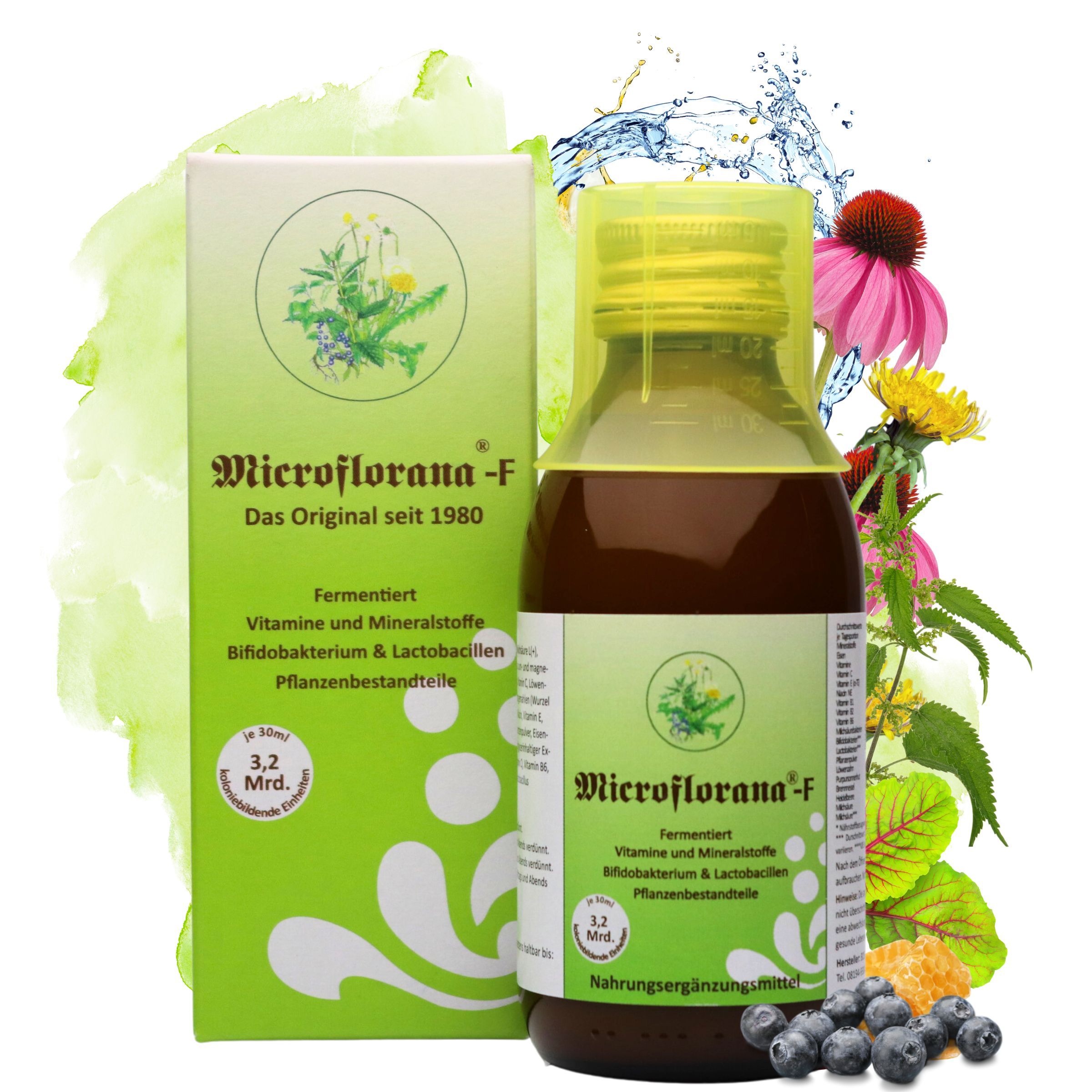Flasche und Karton "Microflorana-F". Kräuter, Beeren und Blüten. "Das Original seit 1980".