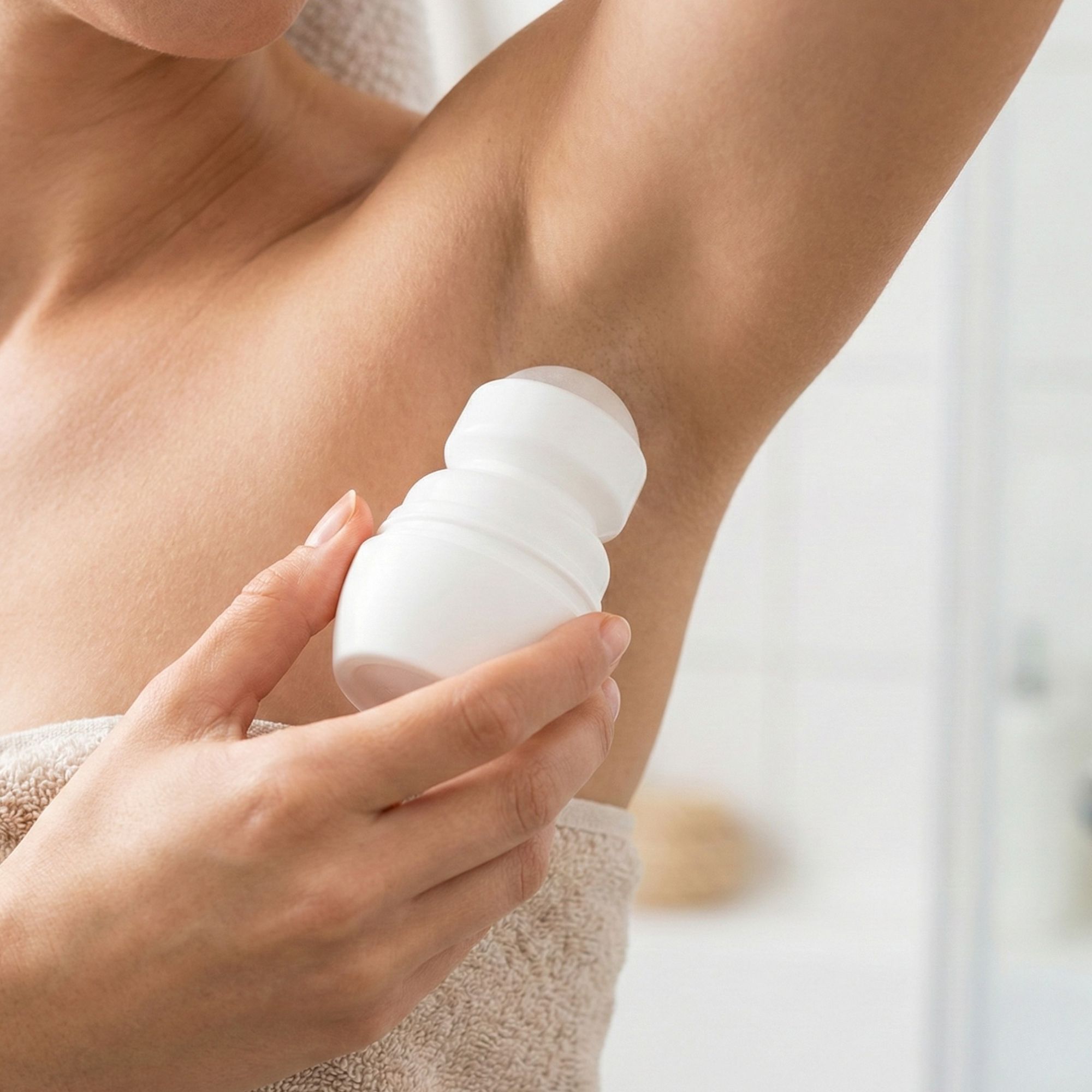 Person hält weißen Deo Roll-On unter dem Arm. Sichtbar: Haut, Hand, Handtuch.