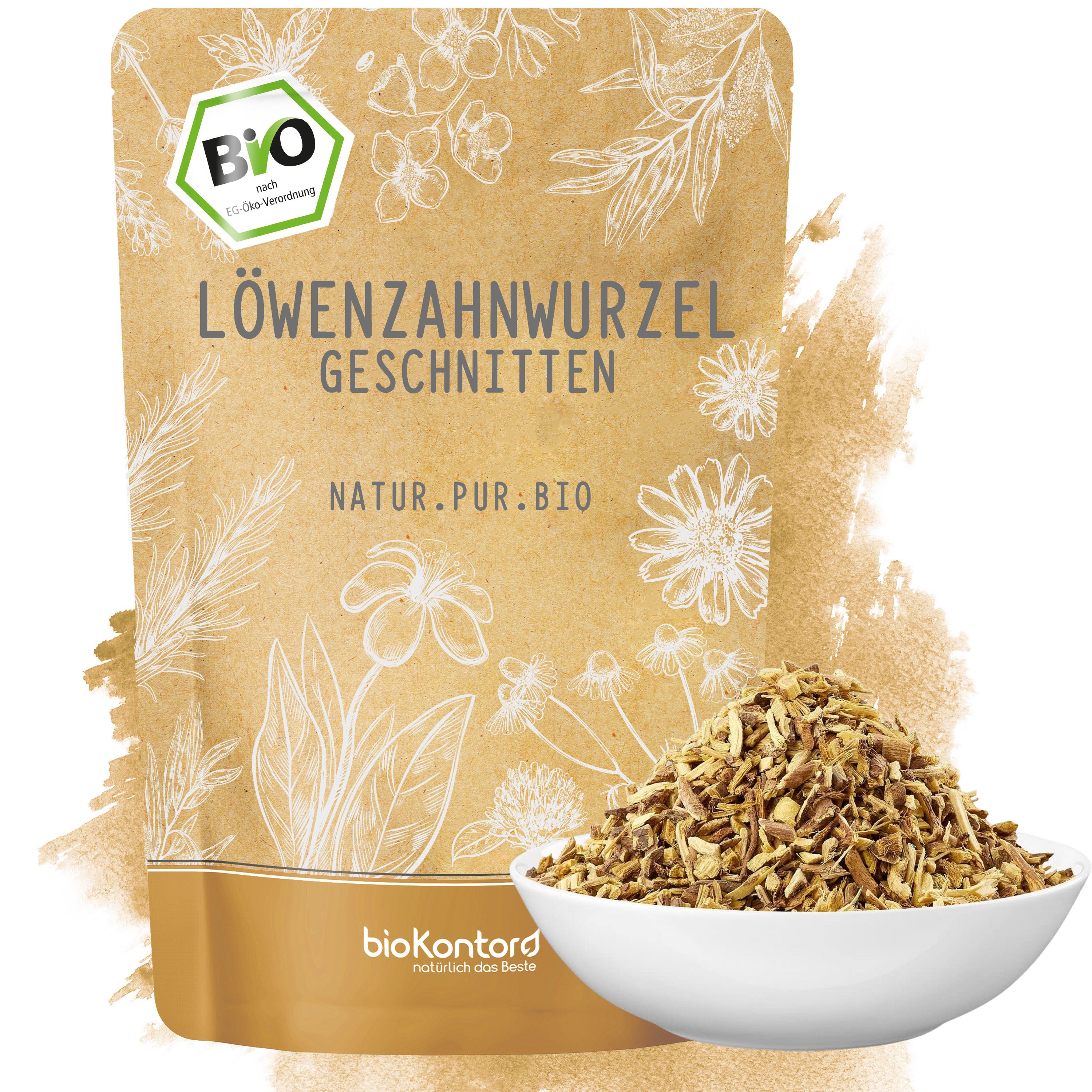 Rückseite einer braunen Papiertüte mit Bio-Siegel, Produktinformationen und Zubereitungshinweisen für Löwenzahnwurzeltee.