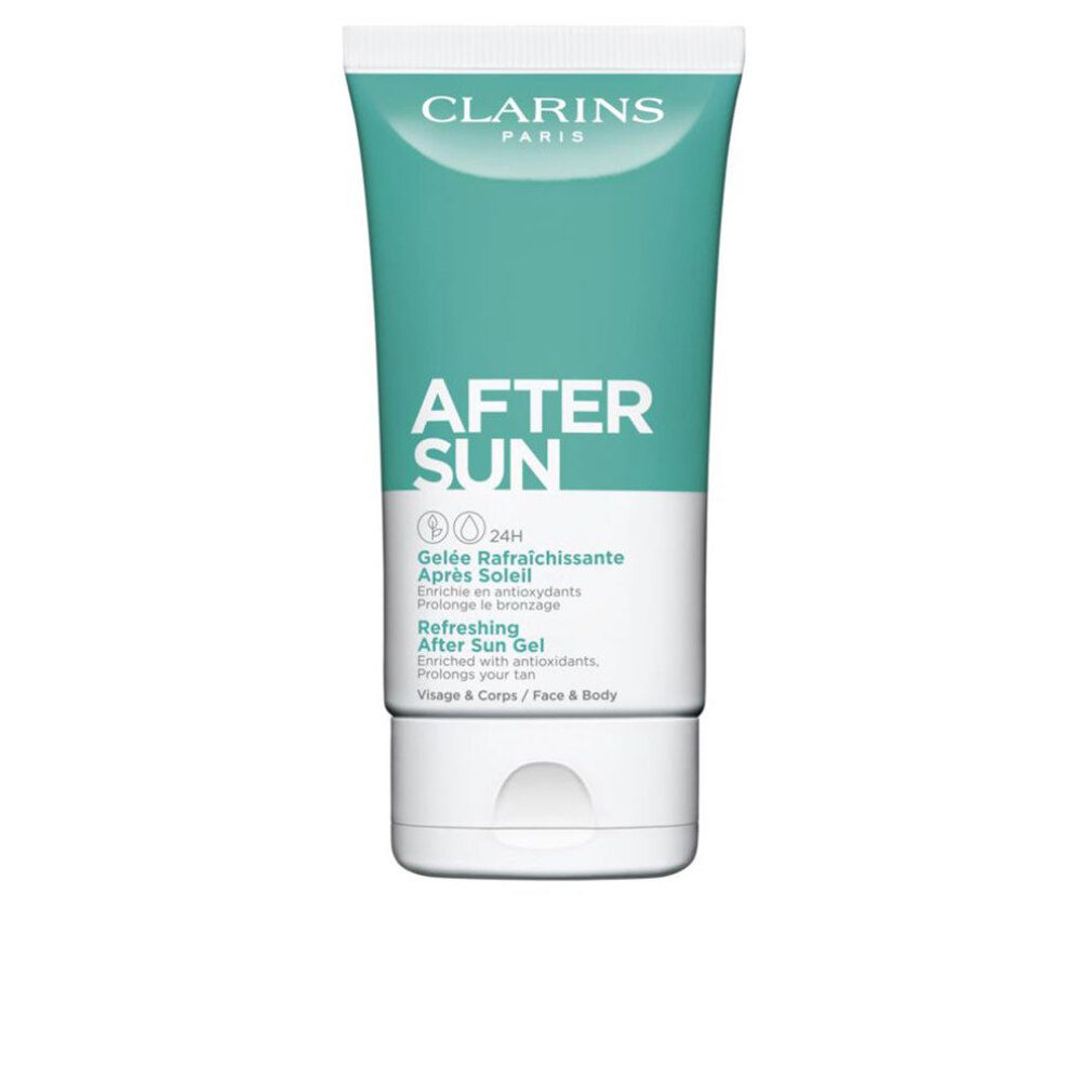 Clarins After Sun Gel Tube. Türkis-weiße Tube mit Text. Gesicht & Körper.
