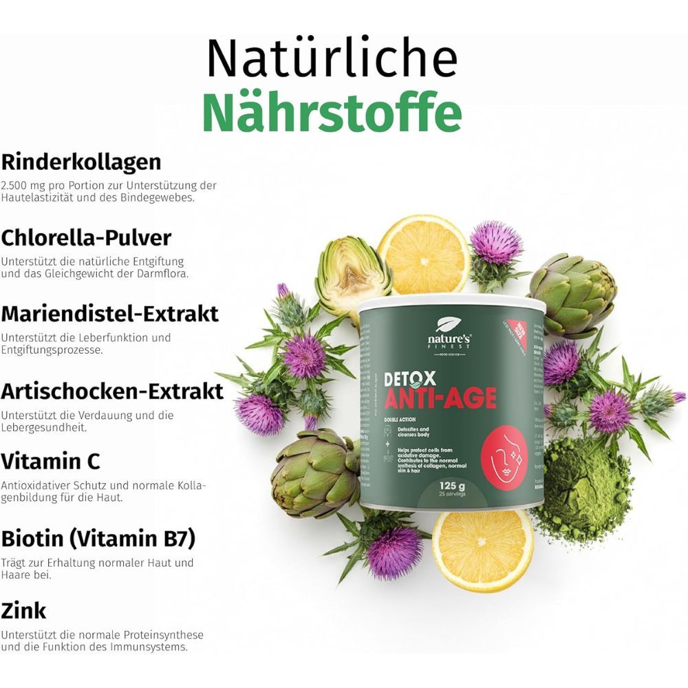 Dose Nature's Finest Detox Anti-Age umgeben von Zutaten wie Zitrone, Artischocke und Kräutern.