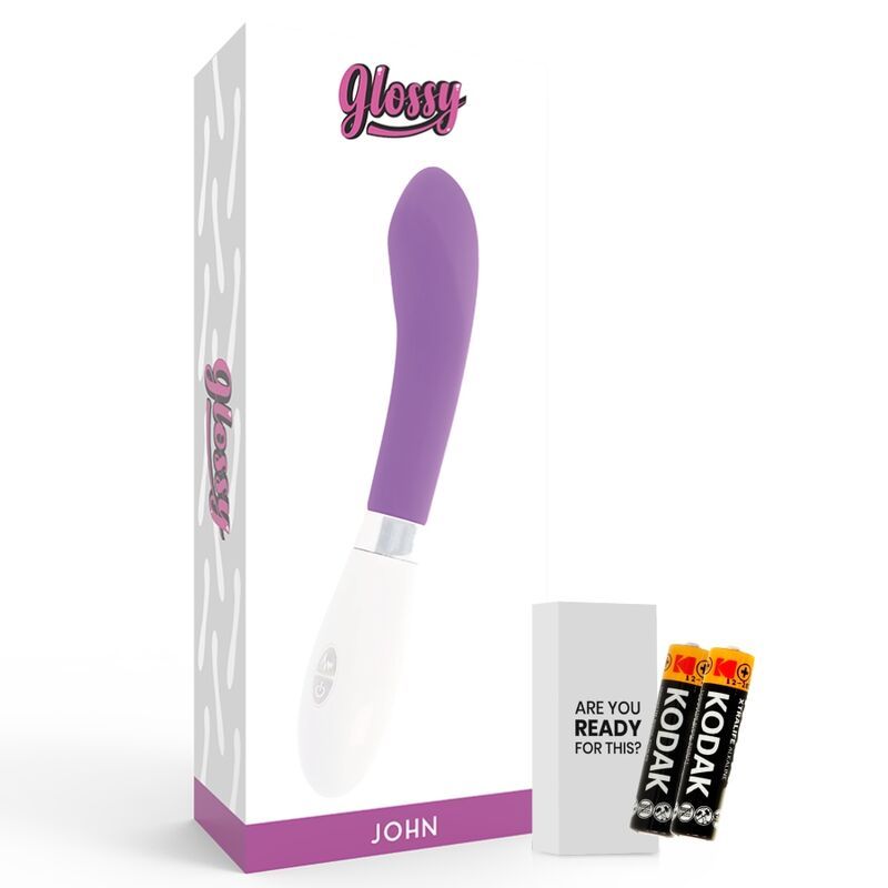 Verpackung mit Vibrator. Lila/weißer Vibrator, Batterien, und Text: 'Glossy', 'John', 'Are you ready for this?'