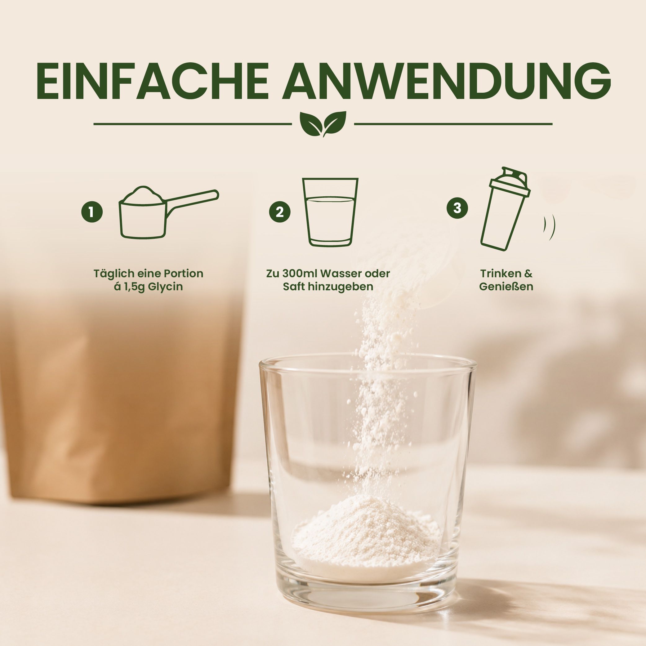 Schritt-für-Schritt-Anleitung zur Zubereitung von Glycin-Pulver mit Löffel, Glas und Shaker.