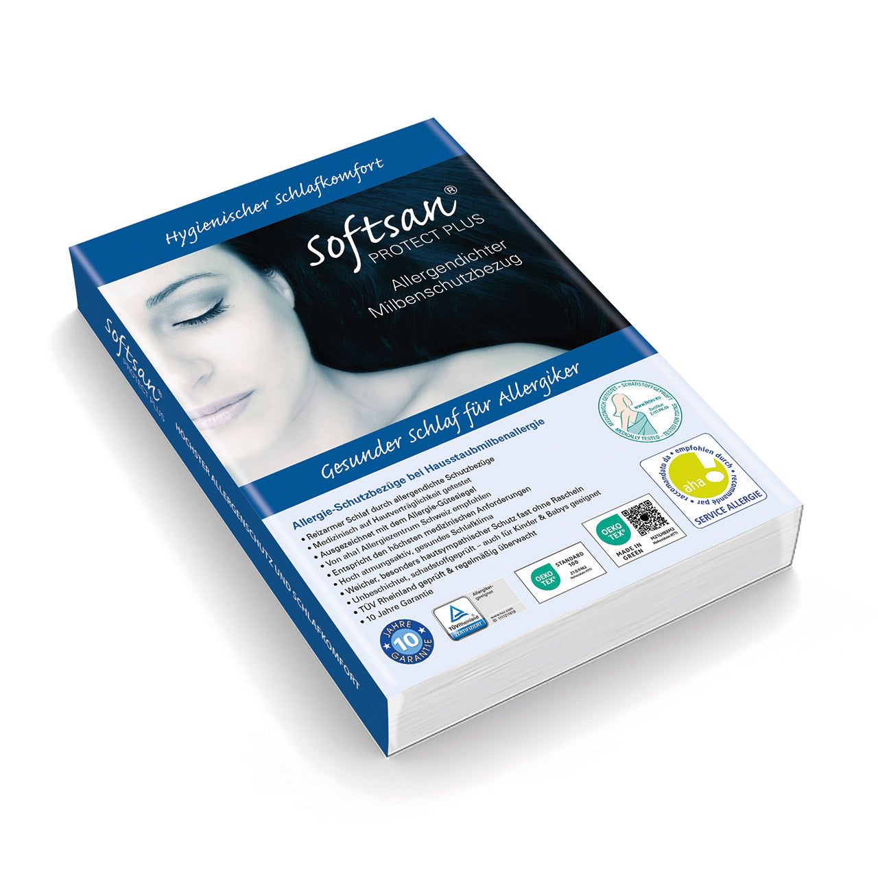 Verpackung von Softsan Protect Plus, allergendichter Milbenschutzbezug. Blaue Verpackung mit Frauengesicht und Logos.