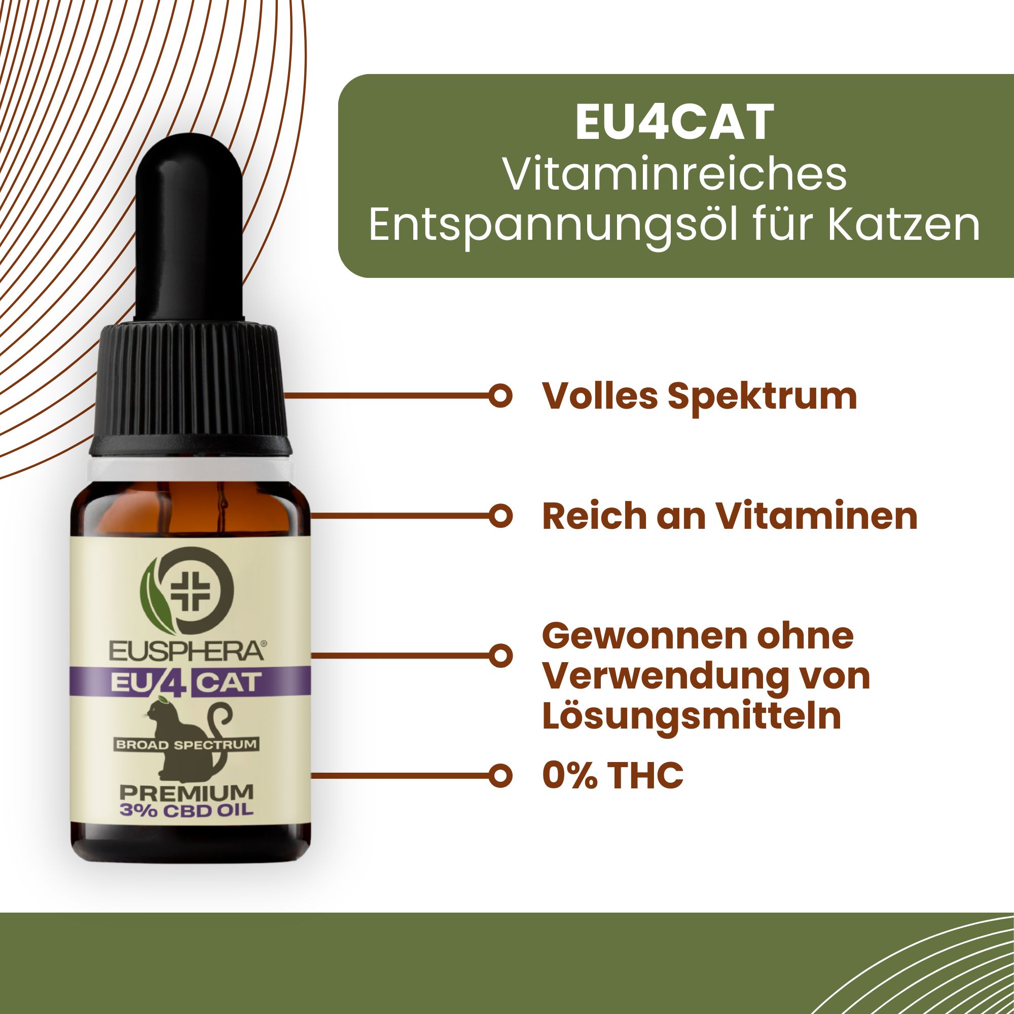 Braune Flasche mit Pipette. Text: EU4CAT, 3% CBD Öl. Diagramm mit Informationen: Vollspektrum, reich an Vitaminen.