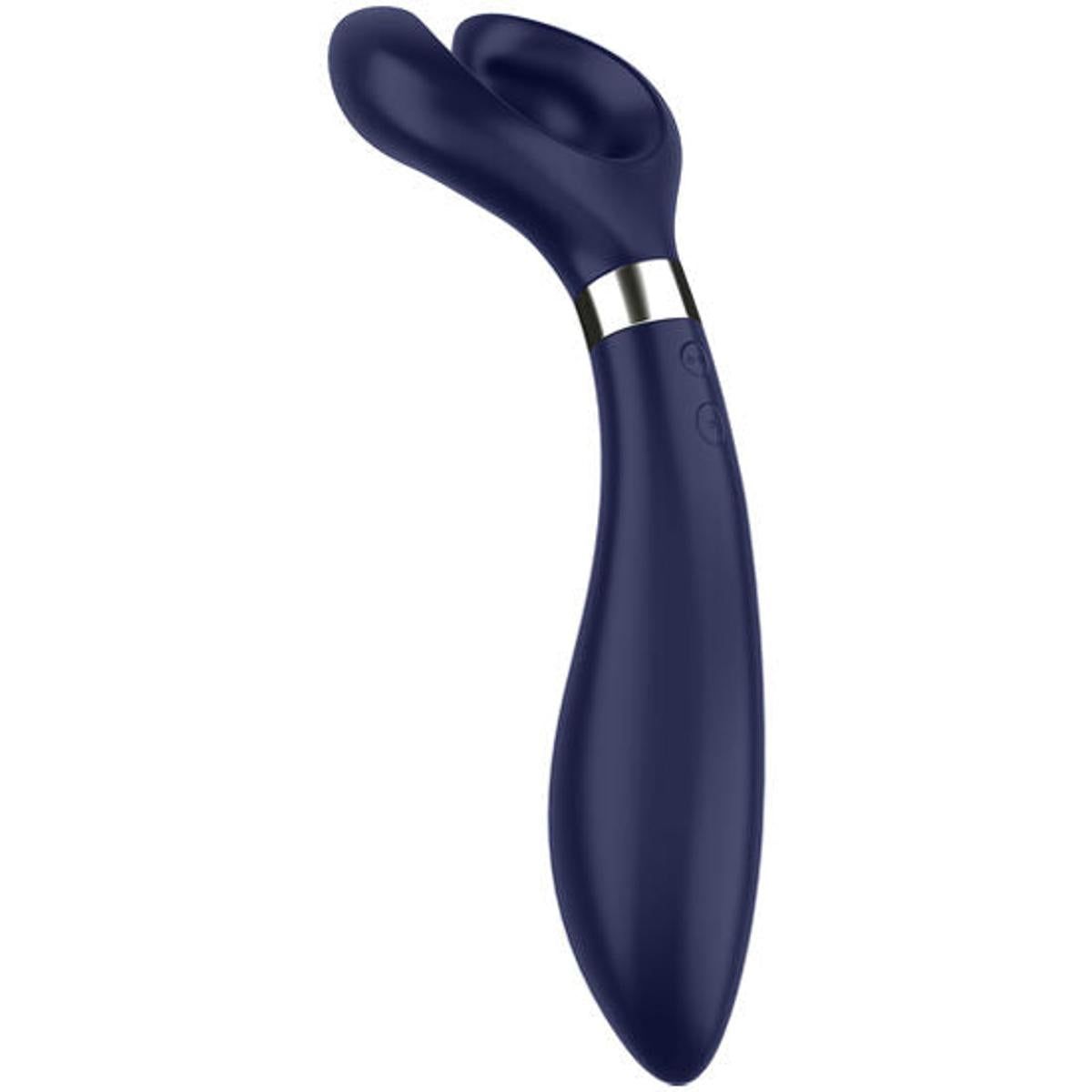 Dunkelblauer Paarvibrator mit gebogener Form. Oberteil mit zwei Aussparungen, silberfarbener Ring und zwei Knöpfe.
