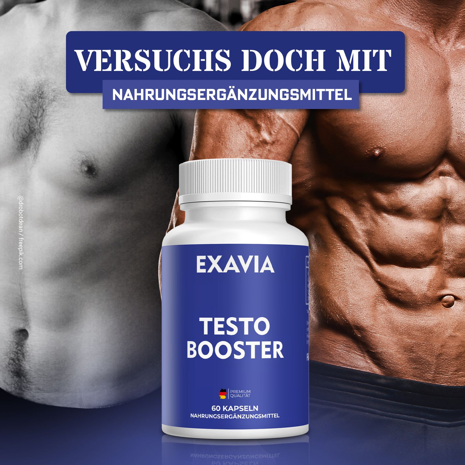 Weiße Flasche mit blauem Etikett. Aufschrift: EXAVIA, TESTO BOOSTER. Enthält 60 Kapseln. Deutsches Qualitätssiegel.