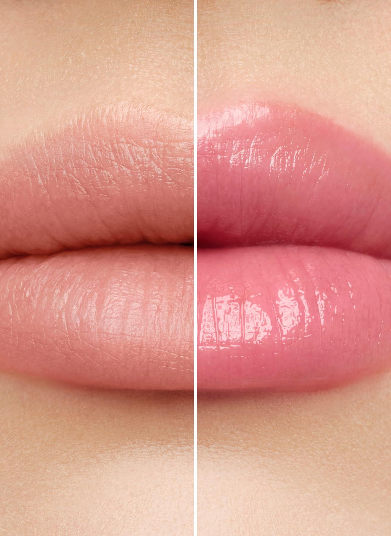 Nahaufnahme von Lippen, die mit Lippenbalsam behandelt wurden. Links: unbehandelt. Rechts: mit Lippenbalsam. Deutlicher Unterschied in Glanz und Farbe.