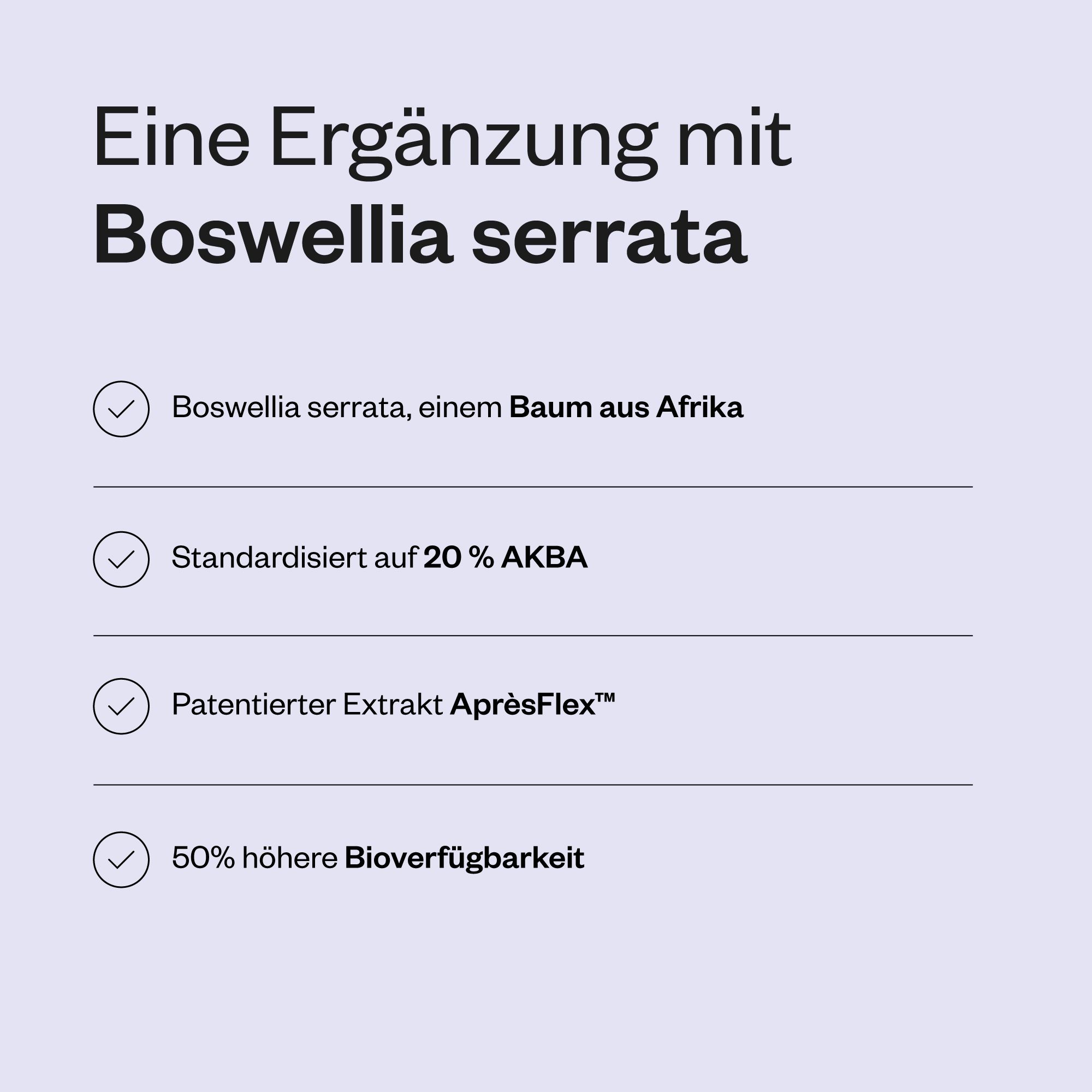 Infografik mit Text. 'Boswellia serrata, einem Baum aus Afrika'. 'Standardisiert auf 20% AKBA'. 'Patentierter Extrakt AprèsFlex'.