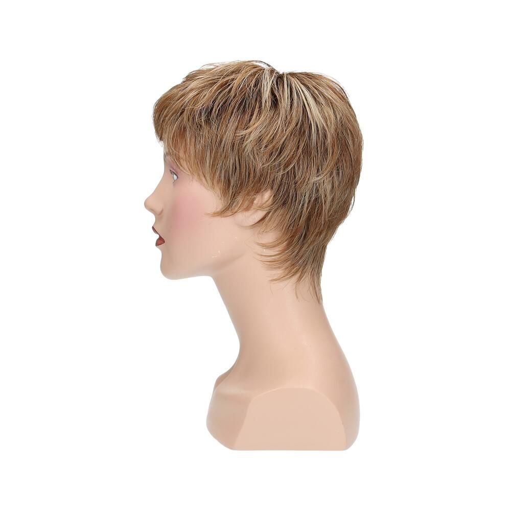 Kurze blonde Perücke auf einem Schaufensterkopf. Seitenansicht, Profil.