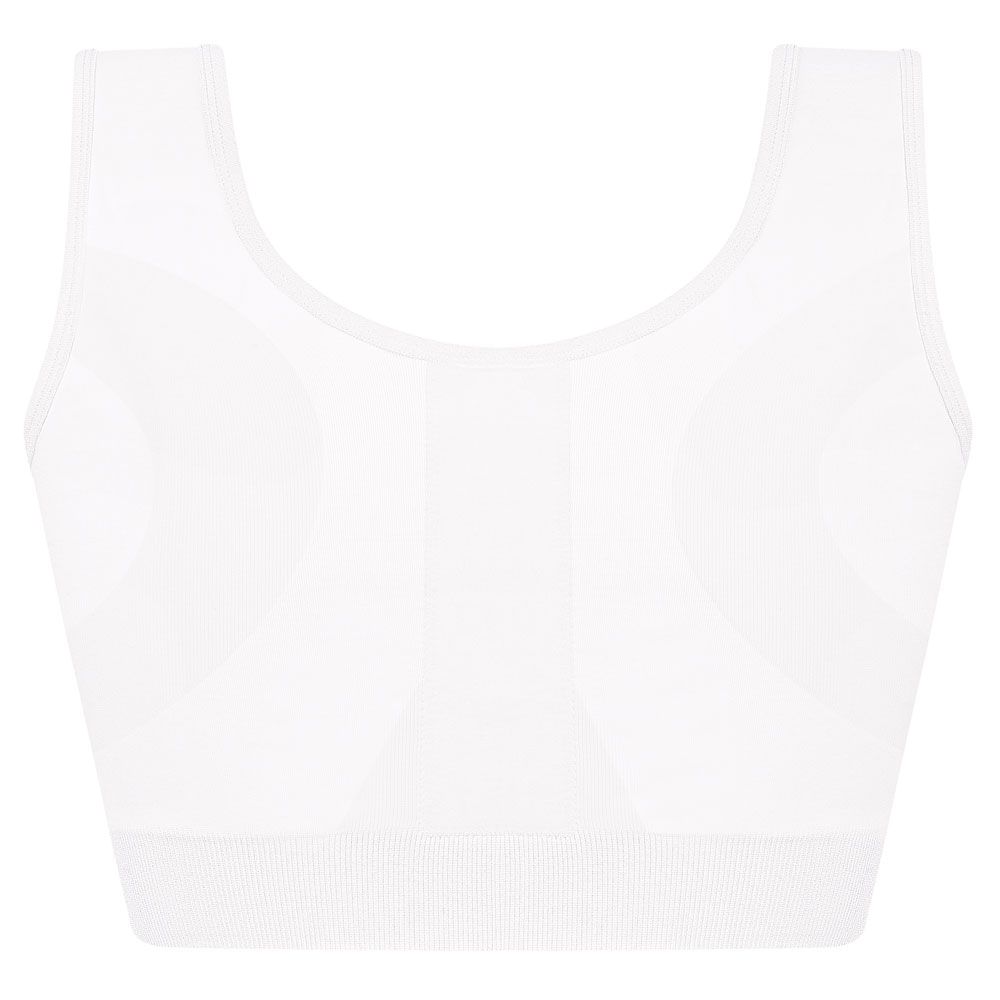 Rückansicht eines weißen Post-OP-BHs. Der BH hat breite Träger und eine glatte Oberfläche.