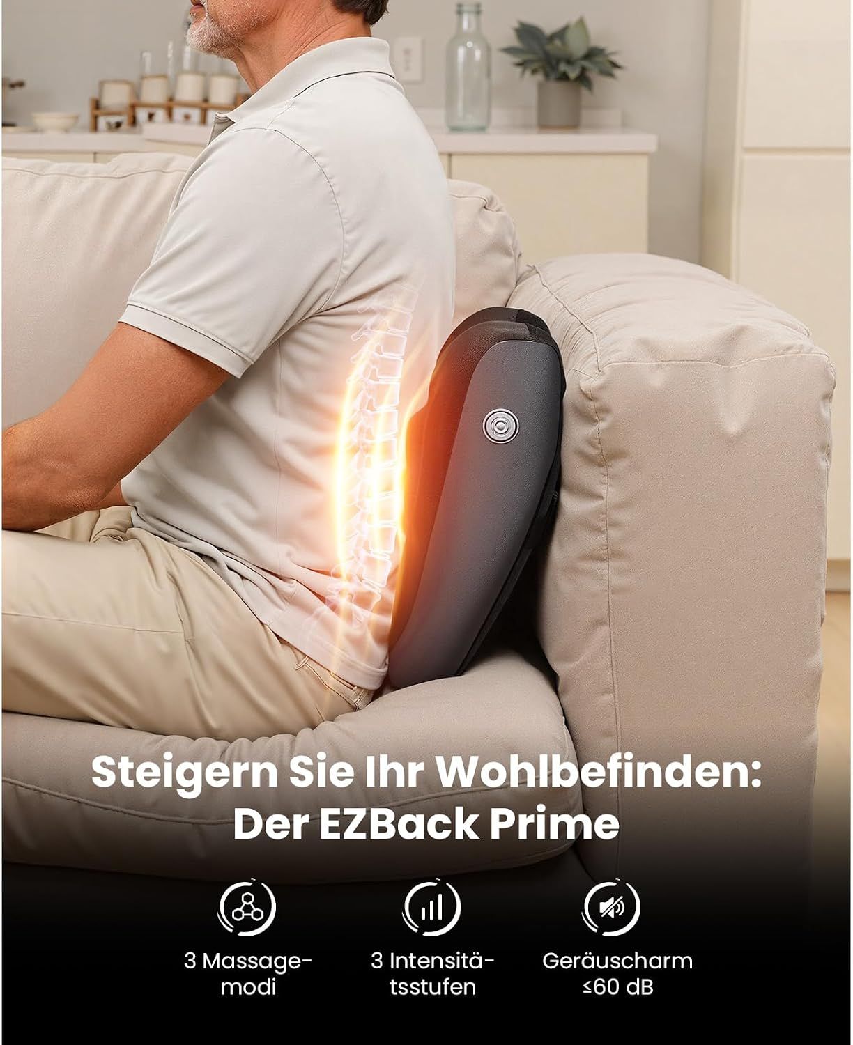 Graues Lendenwirbel-Massagekissen mit Heizfunktion, das auf einem Sofa platziert ist.