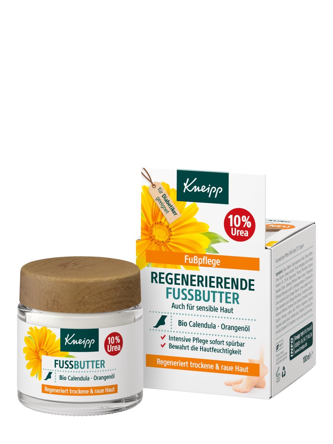 Glas mit Fussbutter und Karton. Aufschrift: Kneipp, Fussbutter, 10% Urea, Bio Calendula, Orangenöl. Für Diabetiker geeignet.