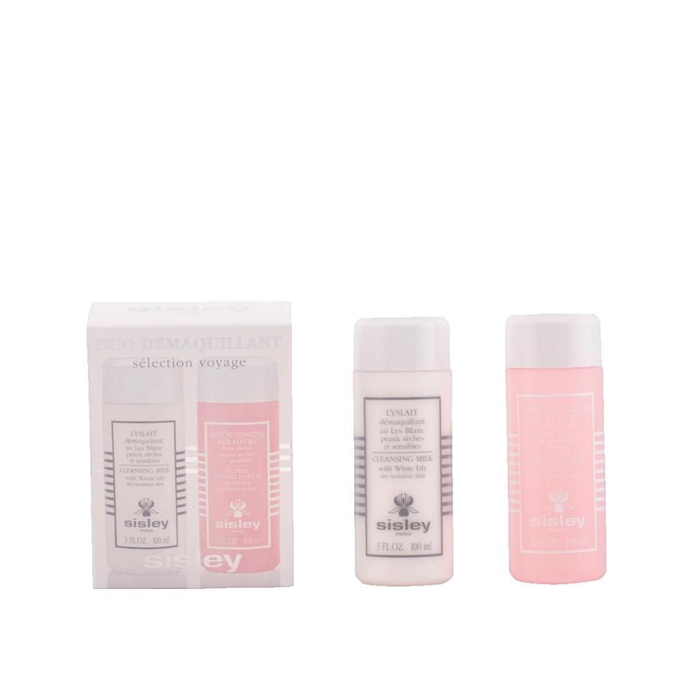 Duo Démaquillant Sélection Voyage. Zwei Flaschen und eine Verpackung mit Produktnamen und Logo. Rosa und weiße Flaschen.