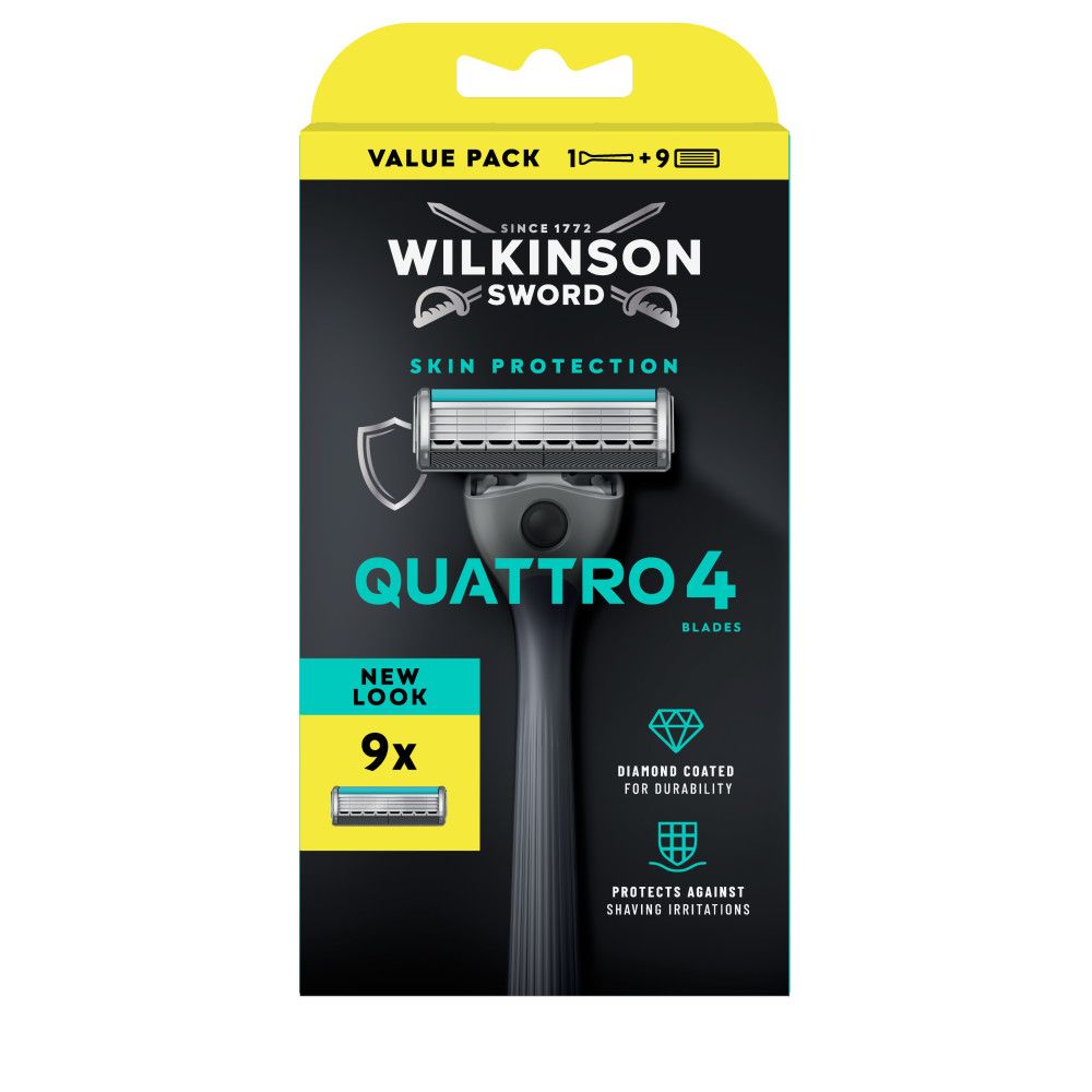 Rückseite der Verpackung für Wilkinson Sword Quattro 4 Rasierer mit Produktmerkmalen.