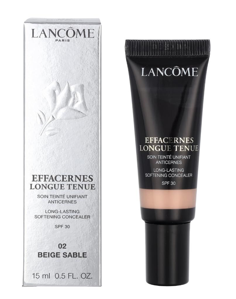 Lancôme Effacernes Longue Tenue Concealer und Verpackung. Schwarze Tube, beige Farbton, silberne Verpackung mit Produktinformationen.