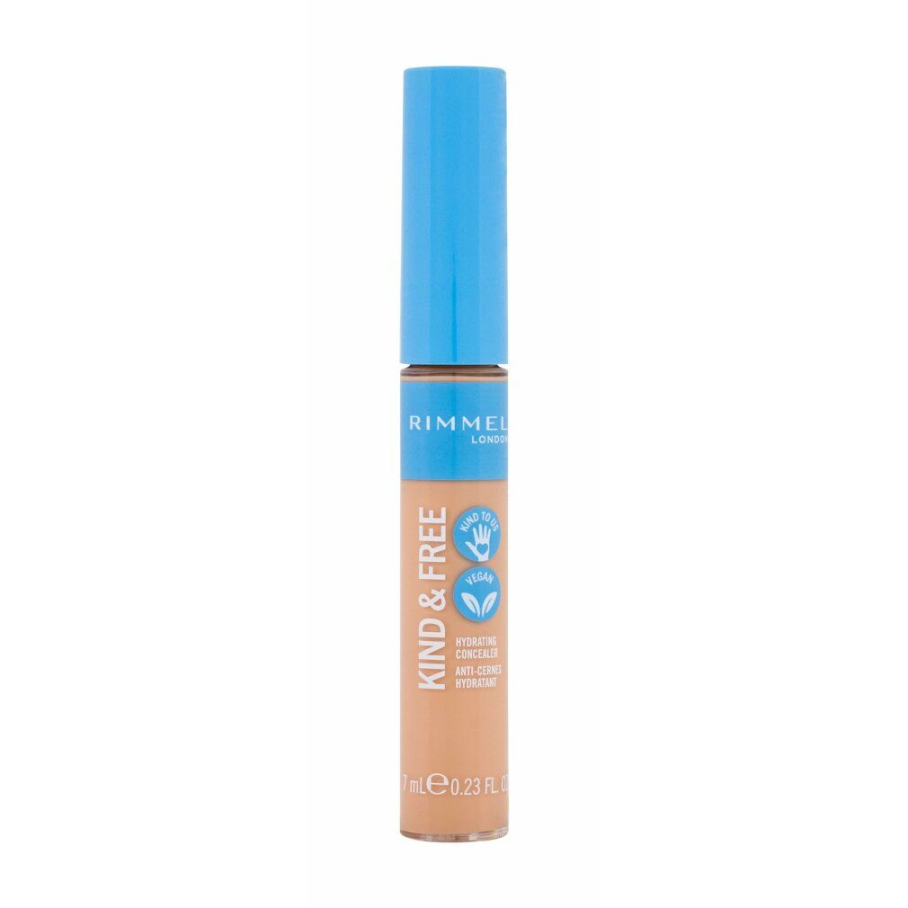 Concealer-Tube mit blauem Deckel. Aufschrift: KIND & FREE, Rimmel London. Farbton: 30-Medium. Vegan-Siegel.
