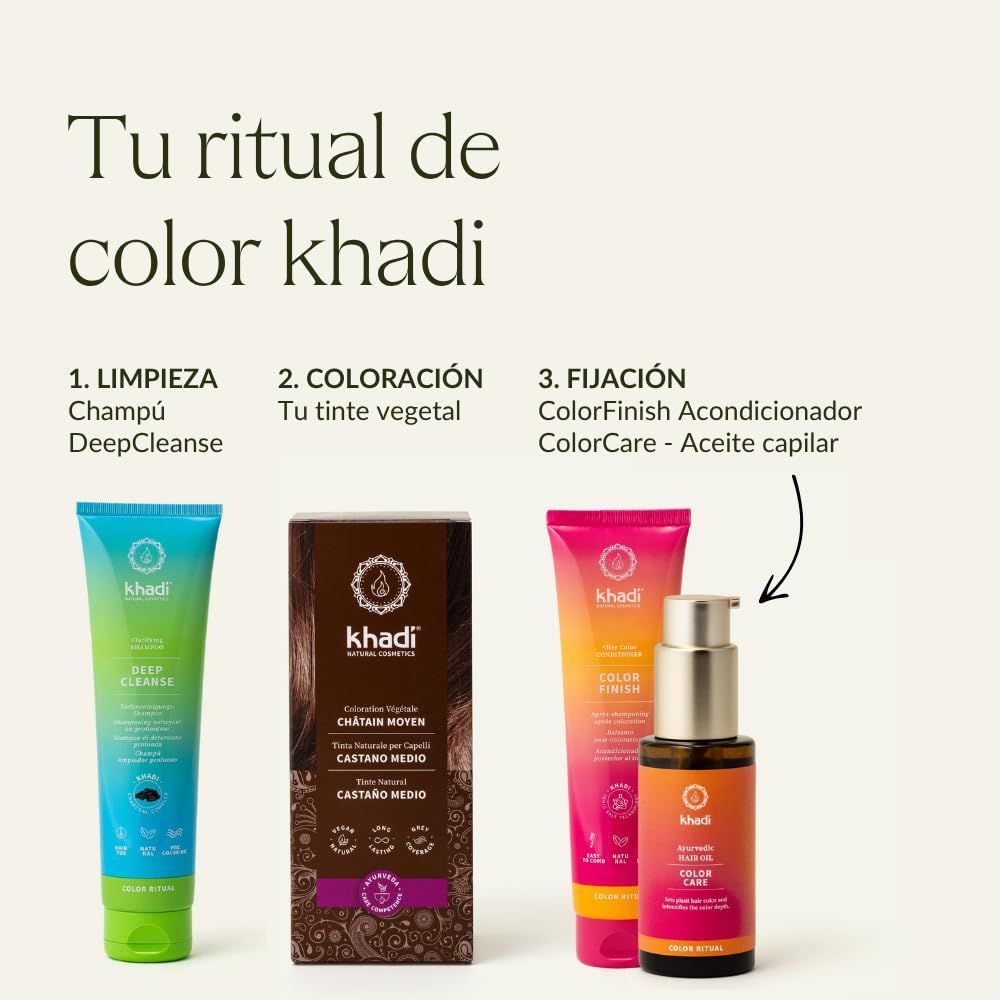 Khadi-Produkte: Shampoo, Pflanzenhaarfarbe, ColorFinish. Text: Tu ritual de color Khadi.