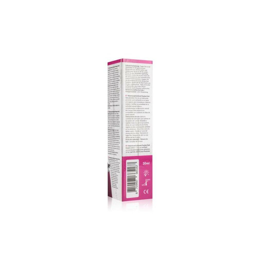 Verpackung mit Logo, Produktname und Passionsfrucht-Illustration. Rückseite mit Text und Barcode. Rosa und weiß.